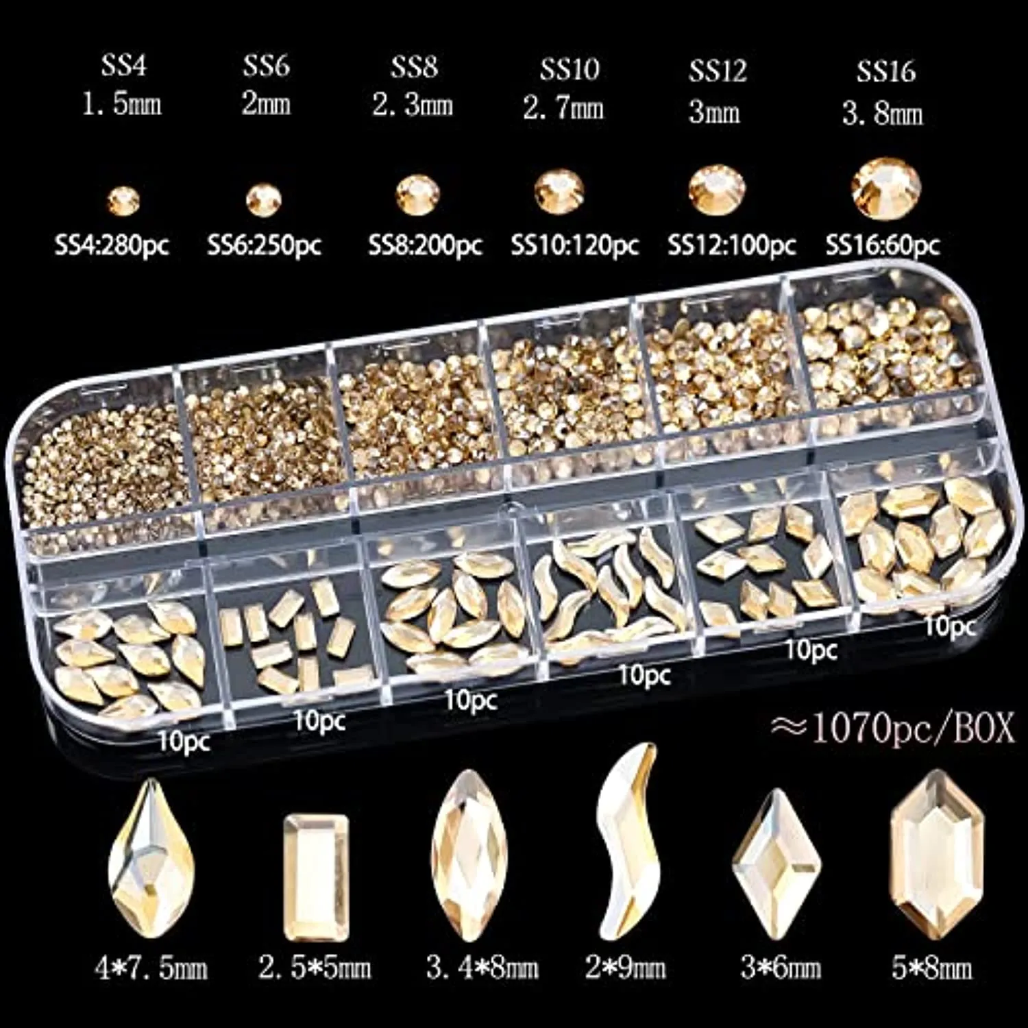 1070 Pieces Champagne Gold Nail Rhinestones for Nails Gold Stones for Nails Crystals 3D Nail Diamonds Art Decoration Crafts DIY (Champagne Gold)