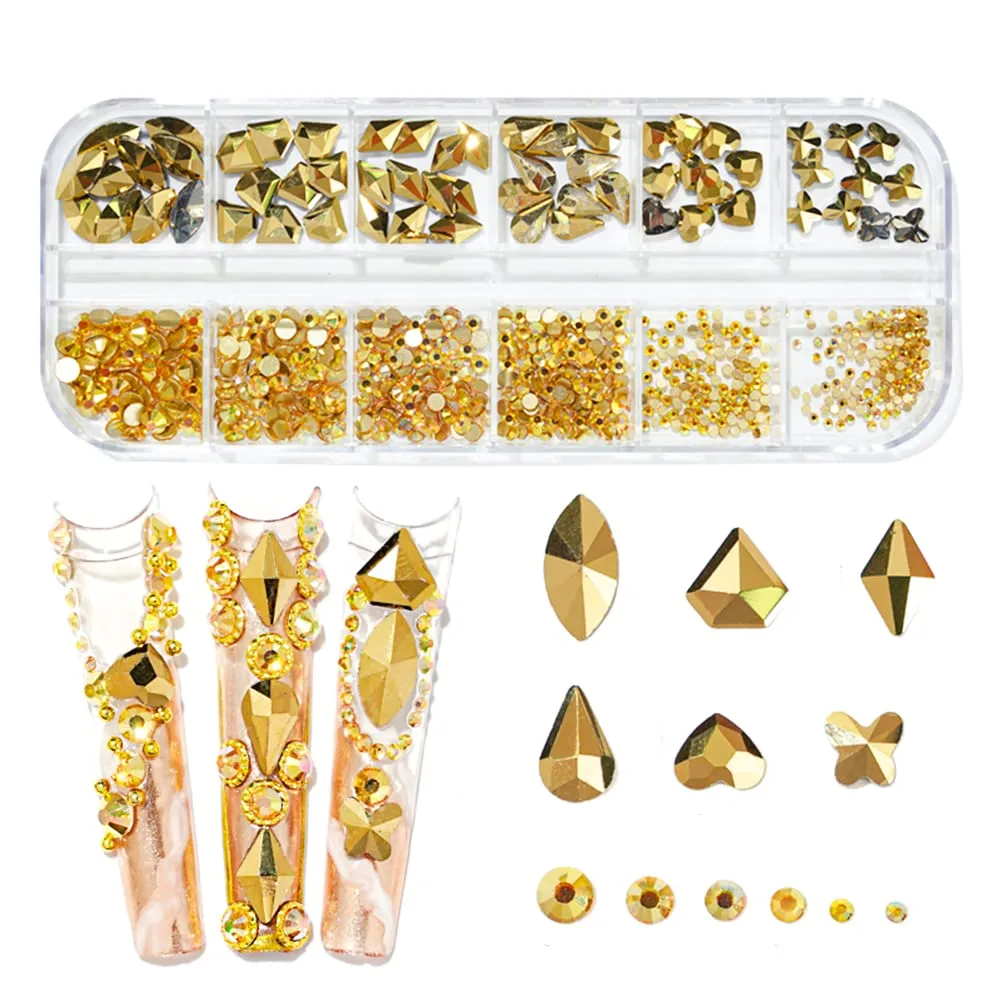 1070 Pieces Champagne Gold Nail Rhinestones for Nails Gold Stones for Nails Crystals 3D Nail Diamonds Art Decoration Crafts DIY (Champagne Gold)