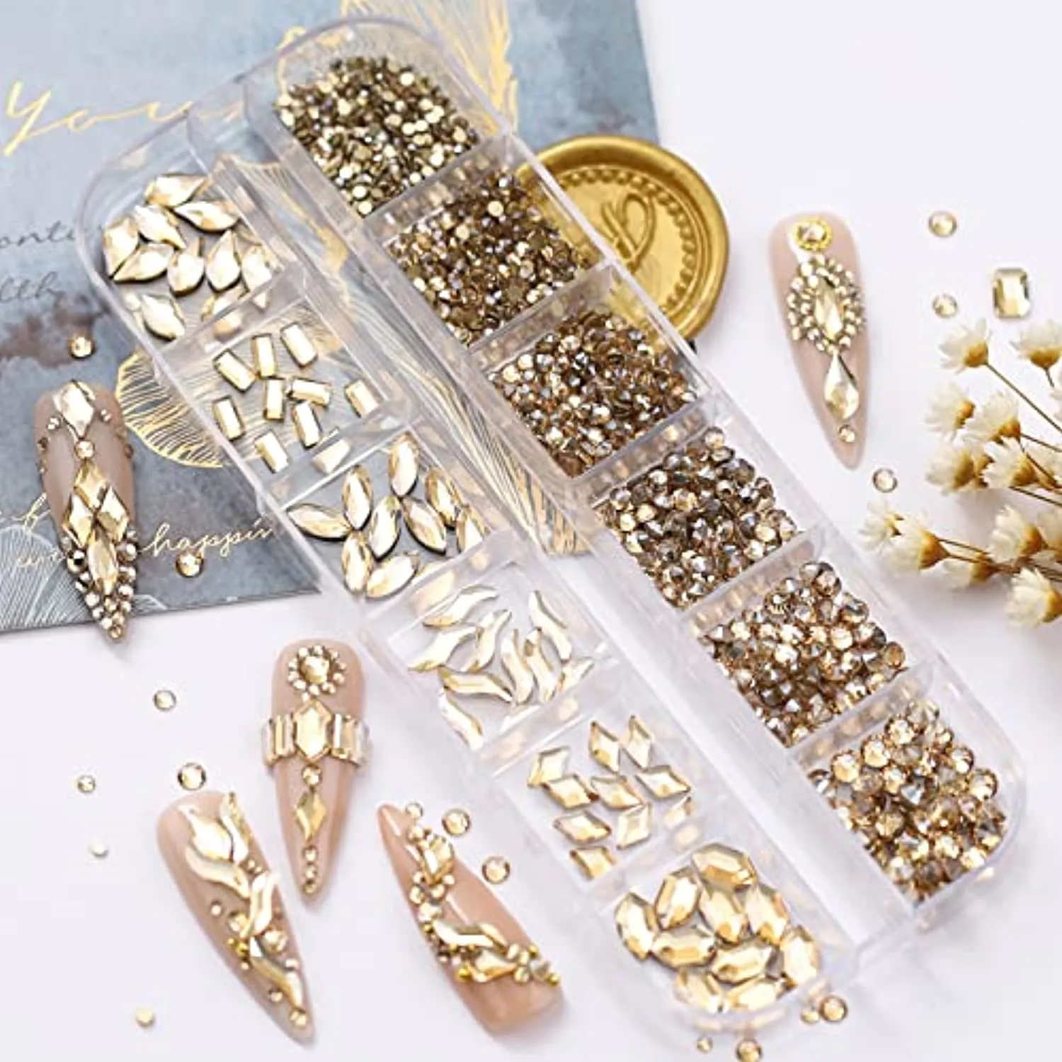 1070 Pieces Champagne Gold Nail Rhinestones for Nails Gold Stones for Nails Crystals 3D Nail Diamonds Art Decoration Crafts DIY (Champagne Gold)