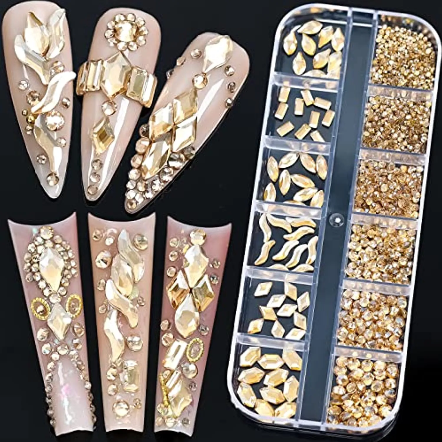 1070 Pieces Champagne Gold Nail Rhinestones for Nails Gold Stones for Nails Crystals 3D Nail Diamonds Art Decoration Crafts DIY (Champagne Gold)