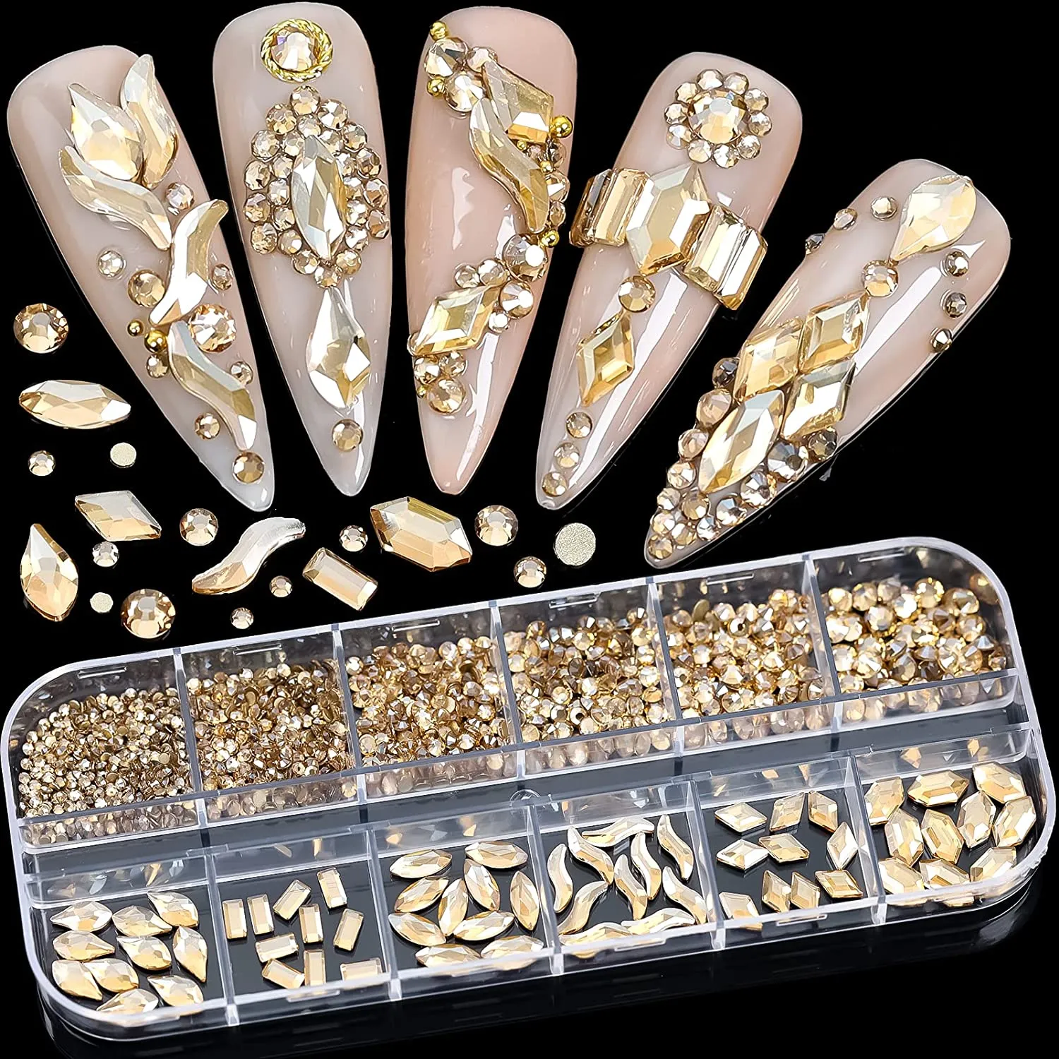 1070 Pieces Champagne Gold Nail Rhinestones for Nails Gold Stones for Nails Crystals 3D Nail Diamonds Art Decoration Crafts DIY (Champagne Gold)