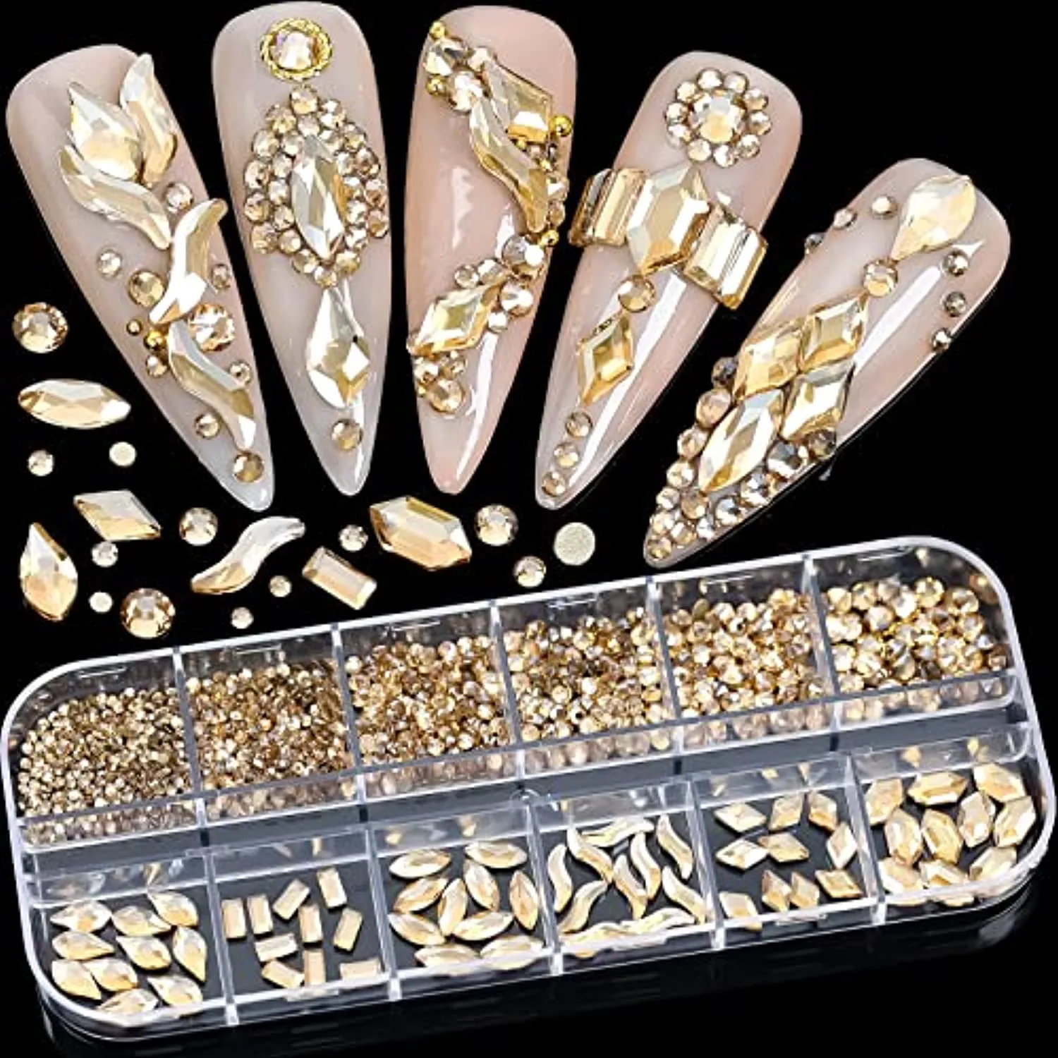 1070 Pieces Champagne Gold Nail Rhinestones for Nails Gold Stones for Nails Crystals 3D Nail Diamonds Art Decoration Crafts DIY (Champagne Gold)