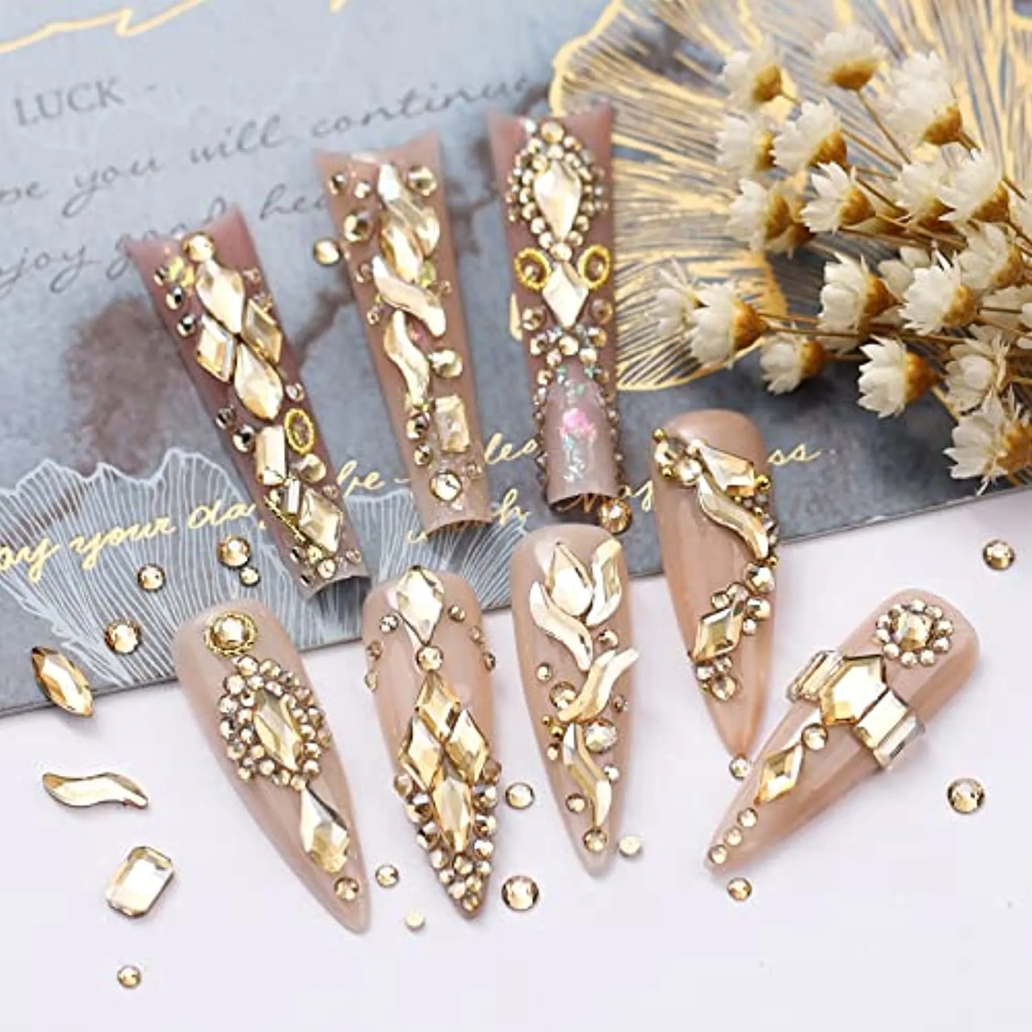1070 Pieces Champagne Gold Nail Rhinestones for Nails Gold Stones for Nails Crystals 3D Nail Diamonds Art Decoration Crafts DIY (Champagne Gold)
