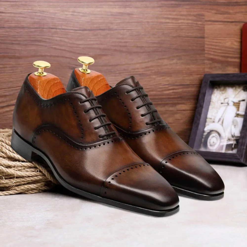 7CM / 2.76 Inches - CMR CHAMARIPA Height Increasing Shoes For Men Brown Calfskin Leather Oxford Elevator Dress Shoes