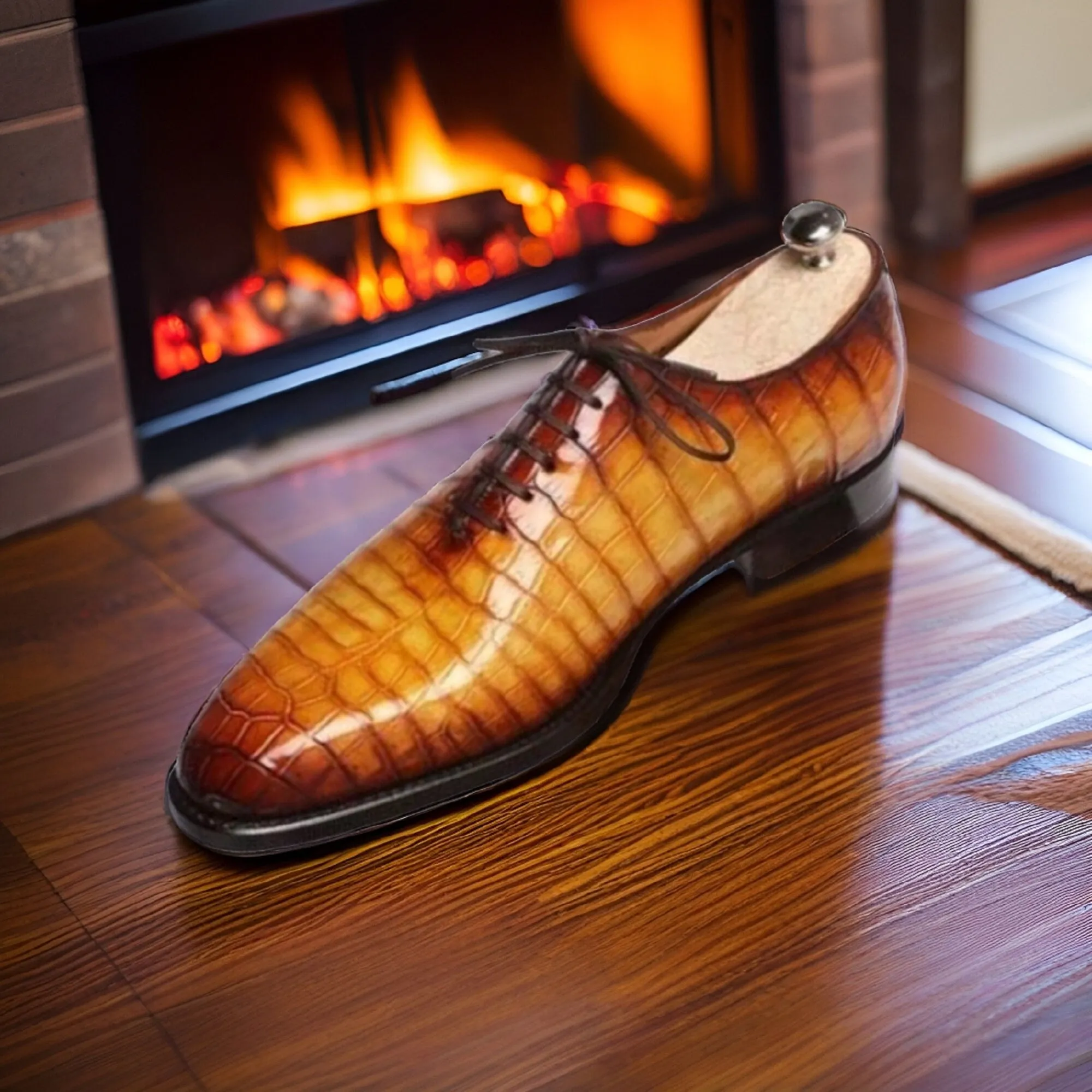 Adorable Elegance: Men's Tan Brown Crocodile Impression Whole Cut Oxford Dress Formal Shoes with Crocodile Textured Detail