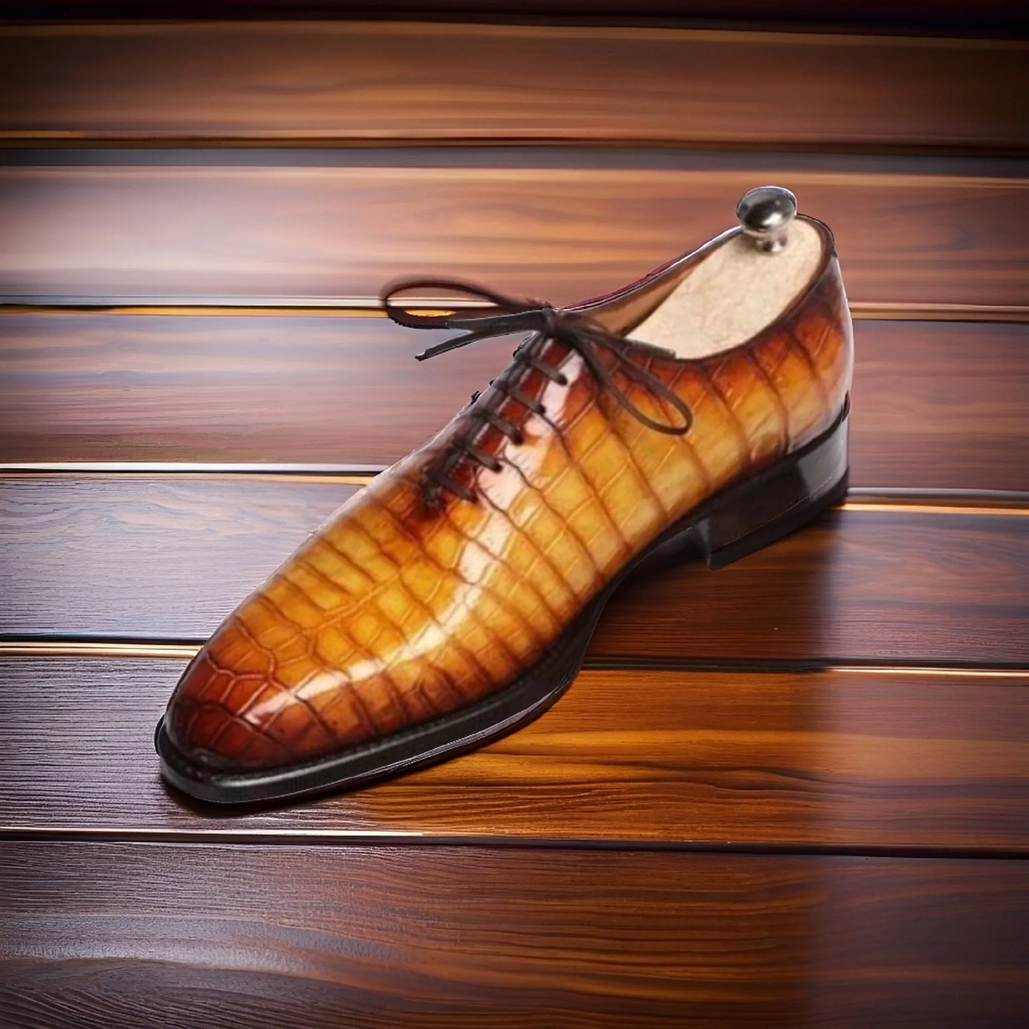 Adorable Elegance: Men's Tan Brown Crocodile Impression Whole Cut Oxford Dress Formal Shoes with Crocodile Textured Detail