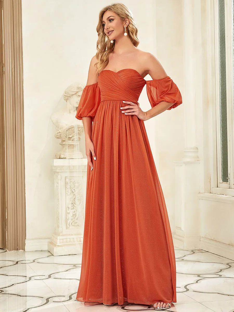 Allure Off-Shoulder Short Lantern Sleeve Evening Gown