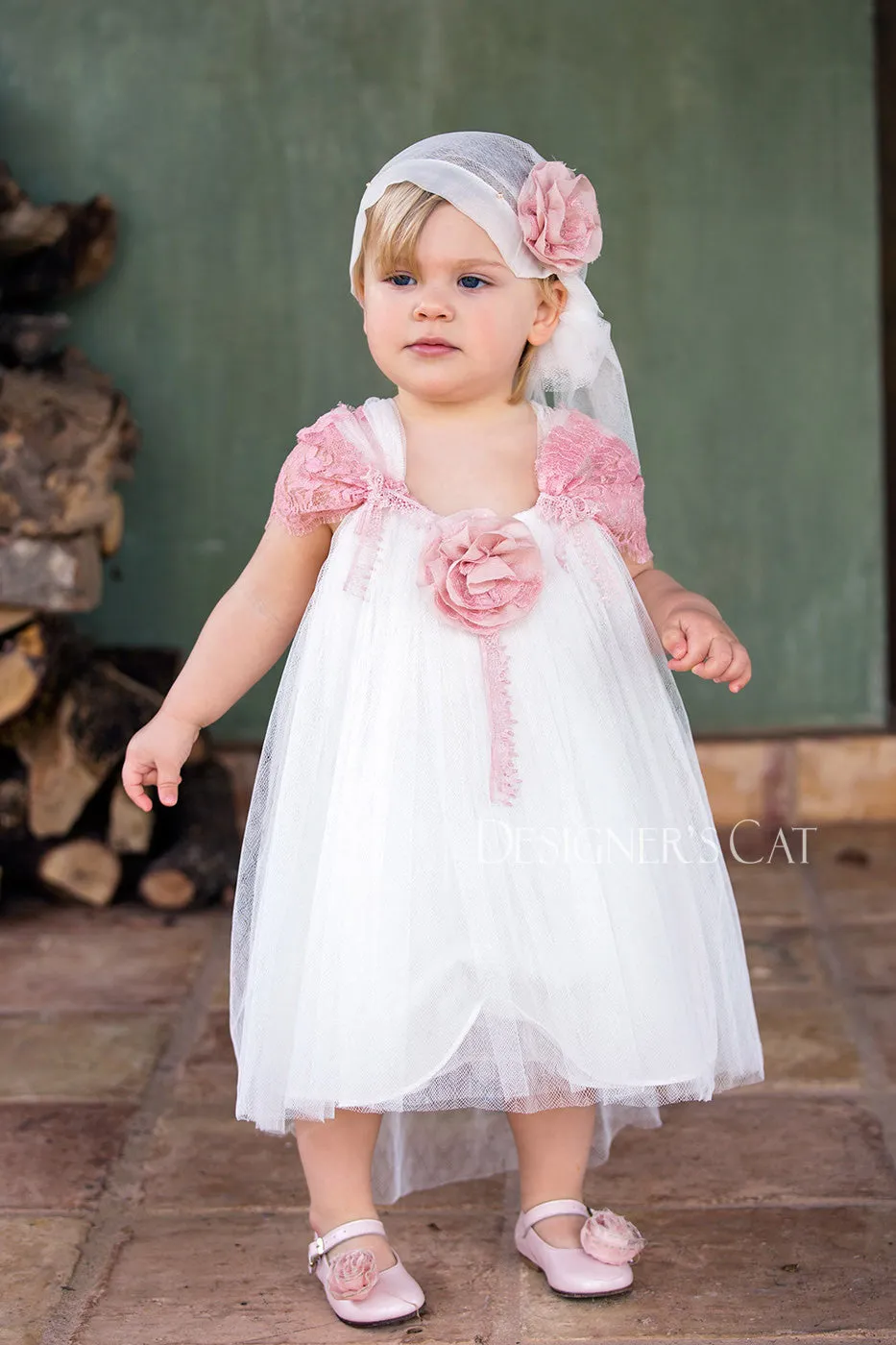 Baptism dress & headband set 2pcs - ROSALIA white