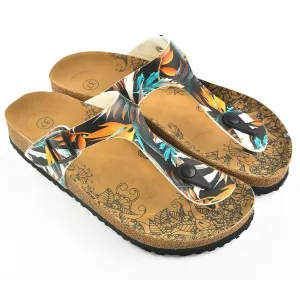 Black & Orange Leaves T-Strap Sandal CAL514