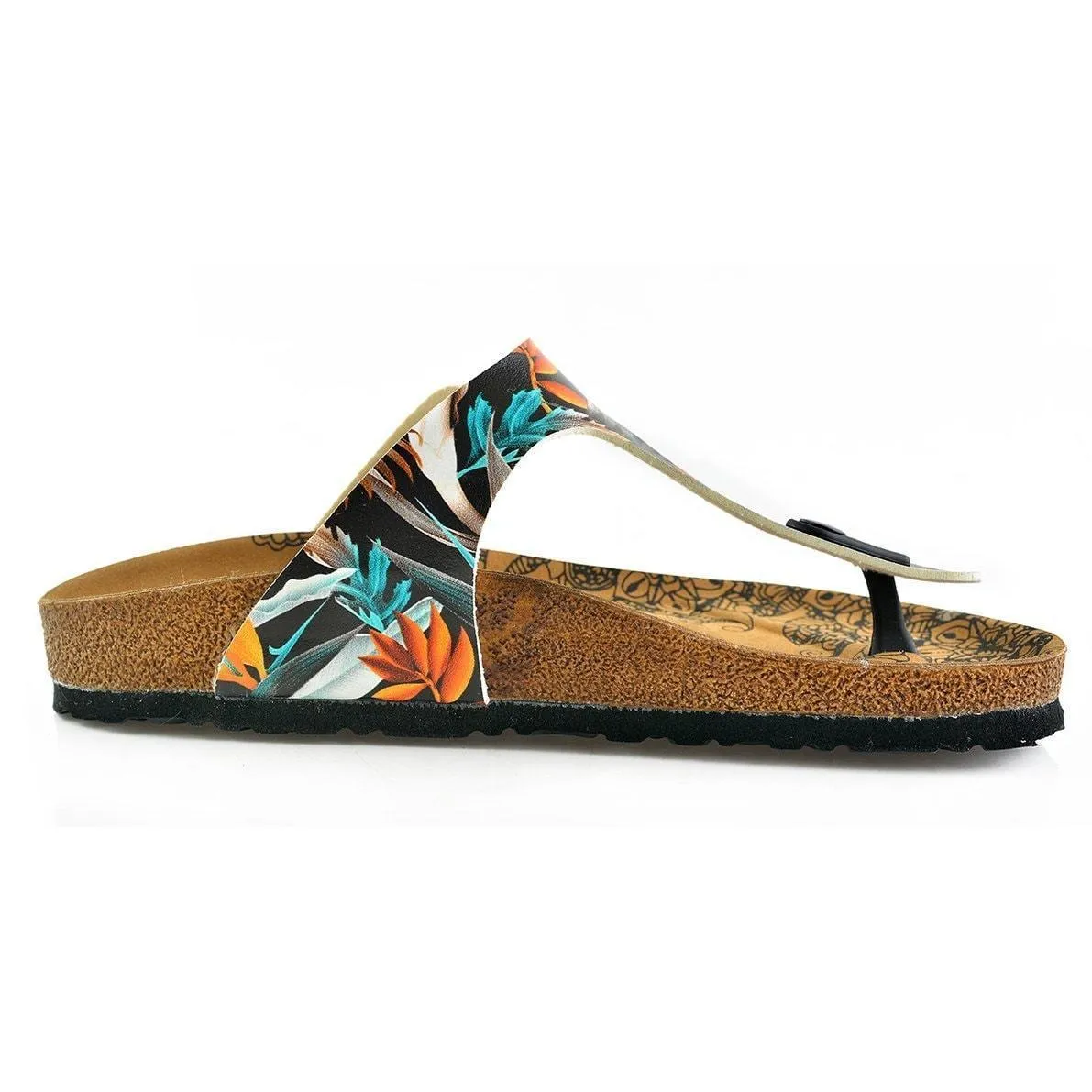 Black & Orange Leaves T-Strap Sandal CAL514