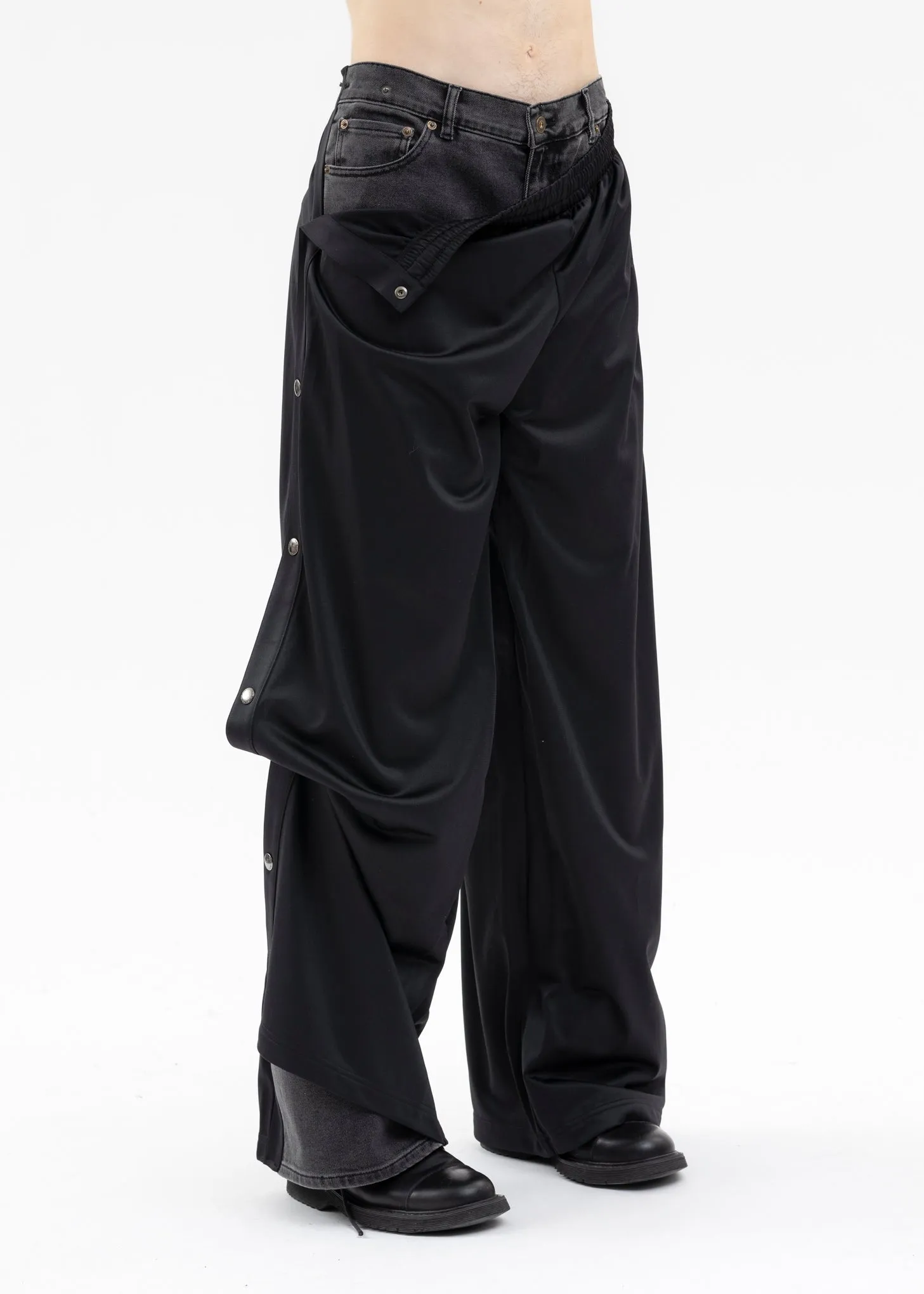 BLACK SNAP OFF DENIM TRACK PANTS