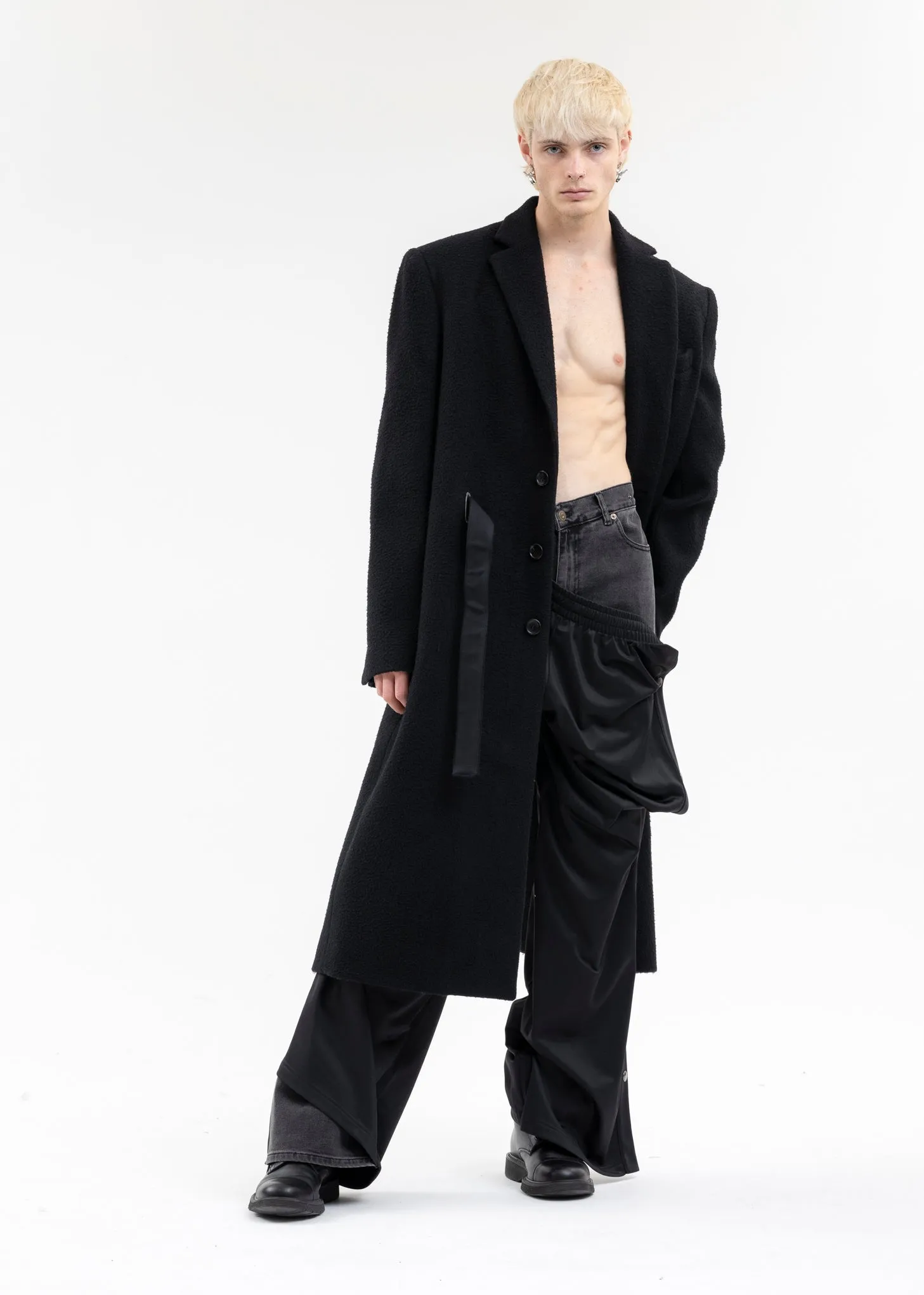 BLACK SNAP OFF DENIM TRACK PANTS