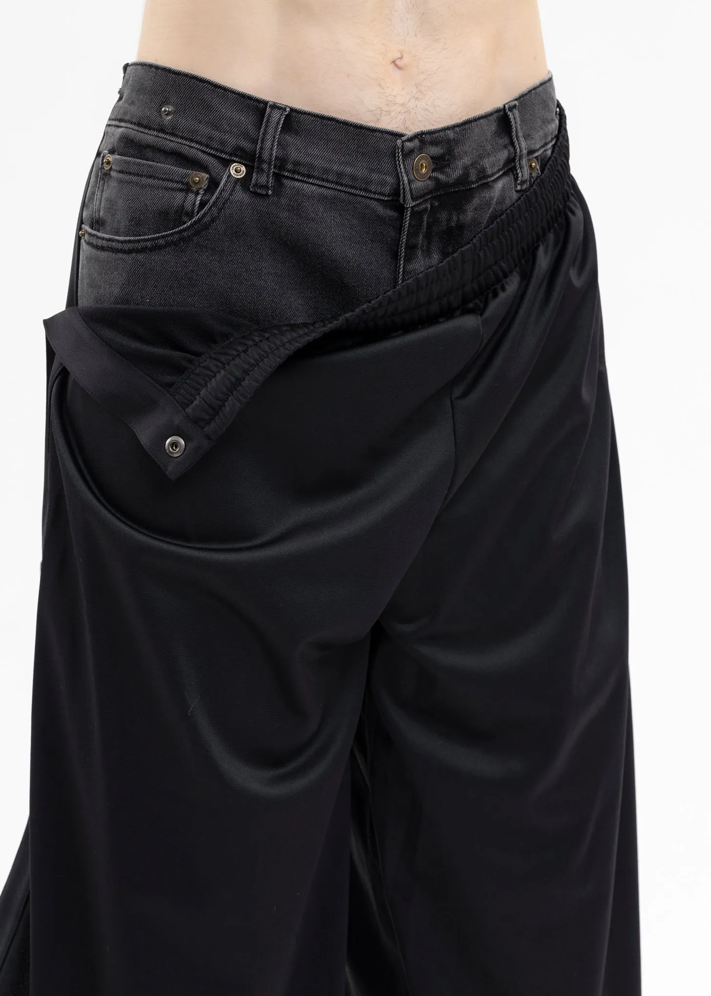 BLACK SNAP OFF DENIM TRACK PANTS