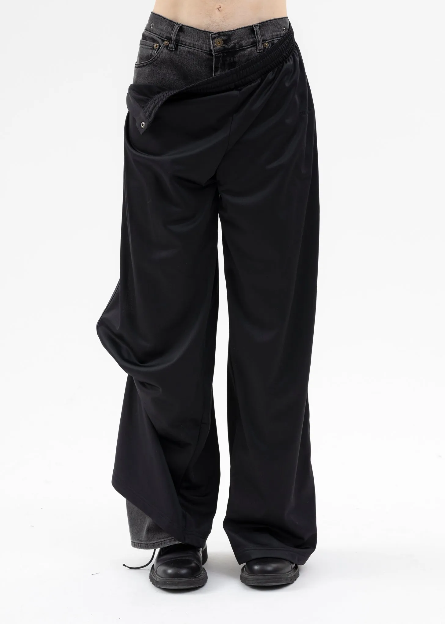 BLACK SNAP OFF DENIM TRACK PANTS