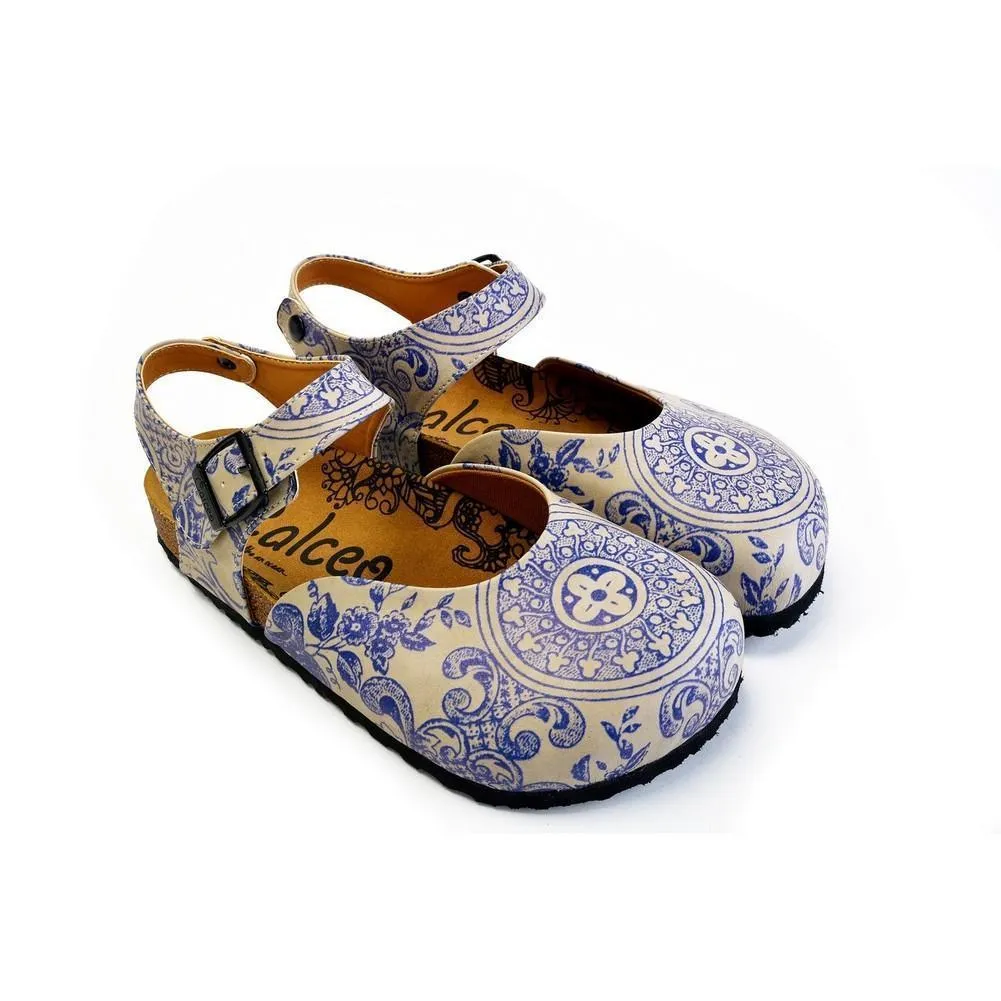 Blue and Beige Flowers Patterned Clogs - CAL1603