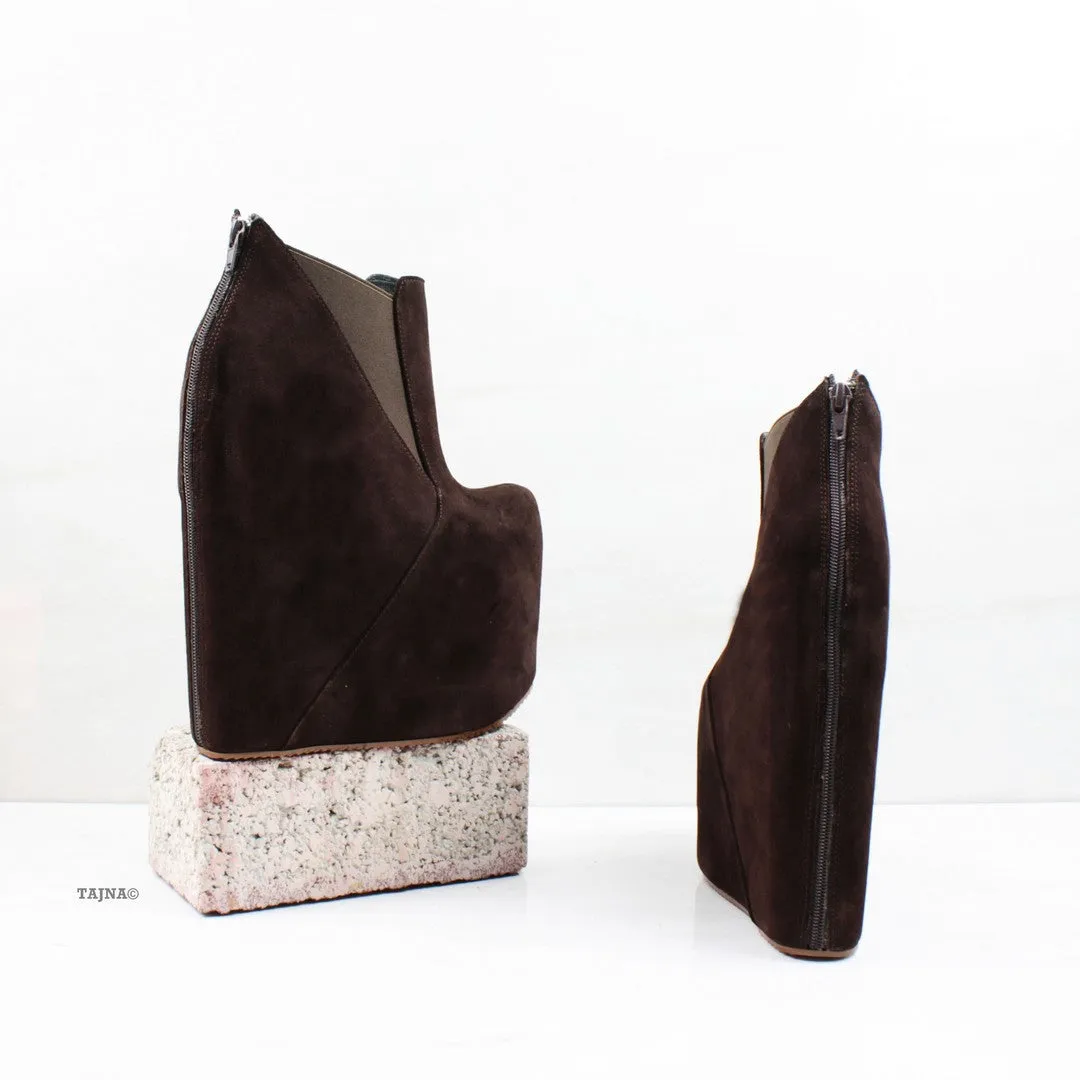 Chocolate Brown High Heel Wedge Booties