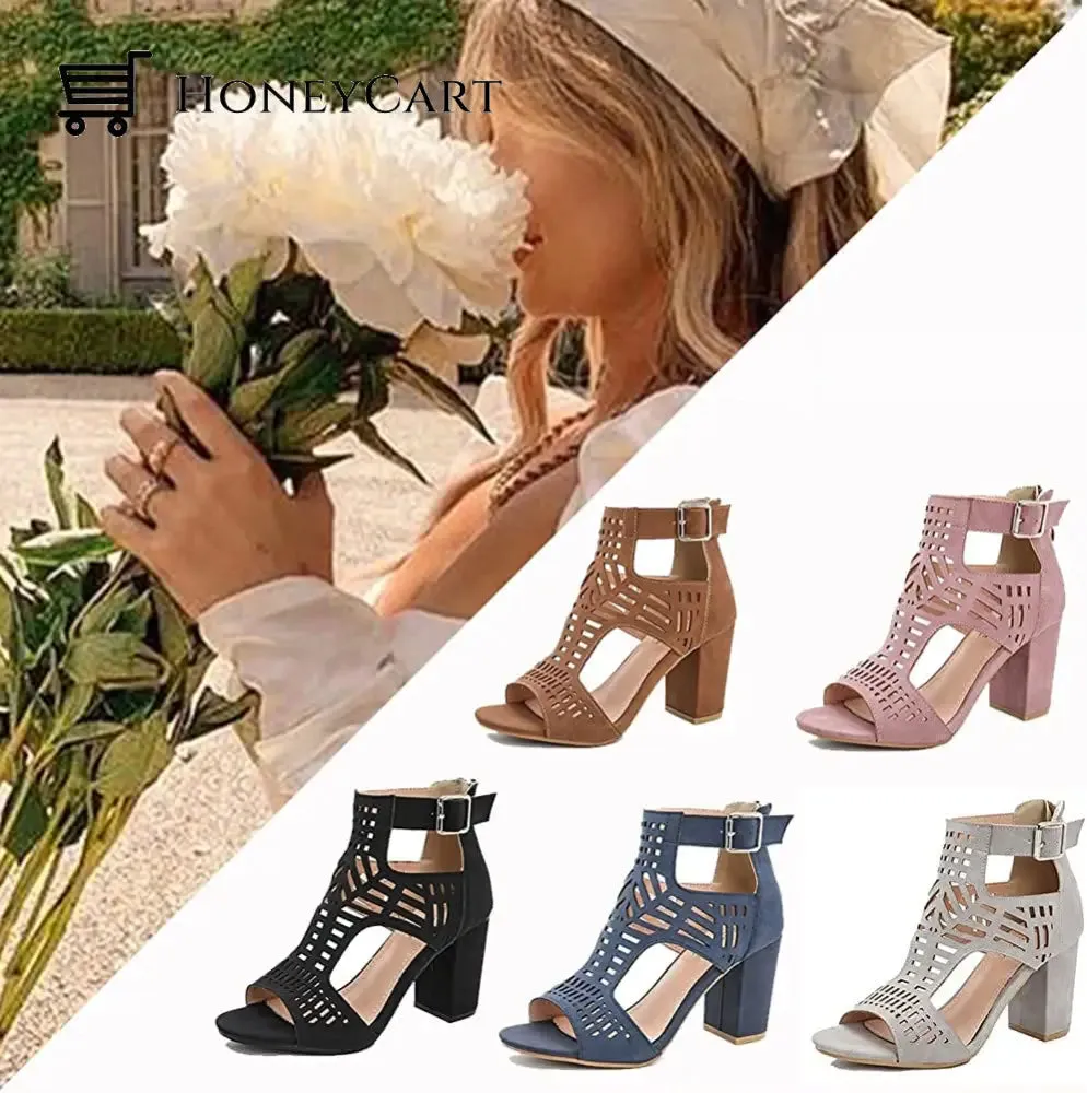 Chunky Heel Sandals for Women Cut Out Peep Toe Zipper Block Heeled Sandals