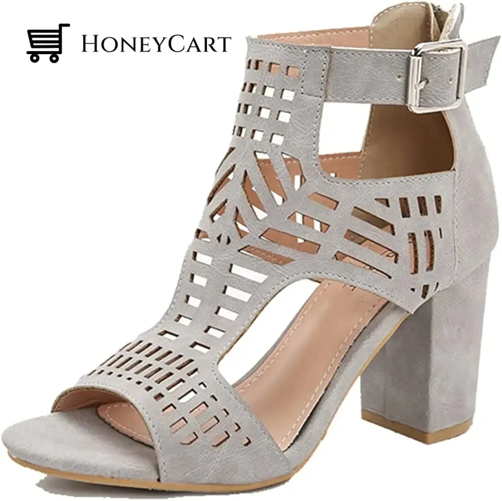 Chunky Heel Sandals for Women Cut Out Peep Toe Zipper Block Heeled Sandals