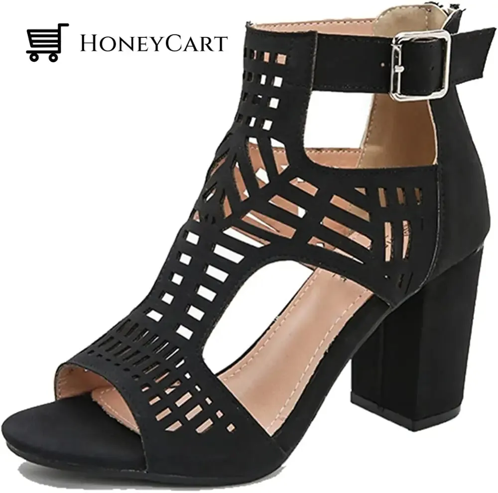 Chunky Heel Sandals for Women Cut Out Peep Toe Zipper Block Heeled Sandals