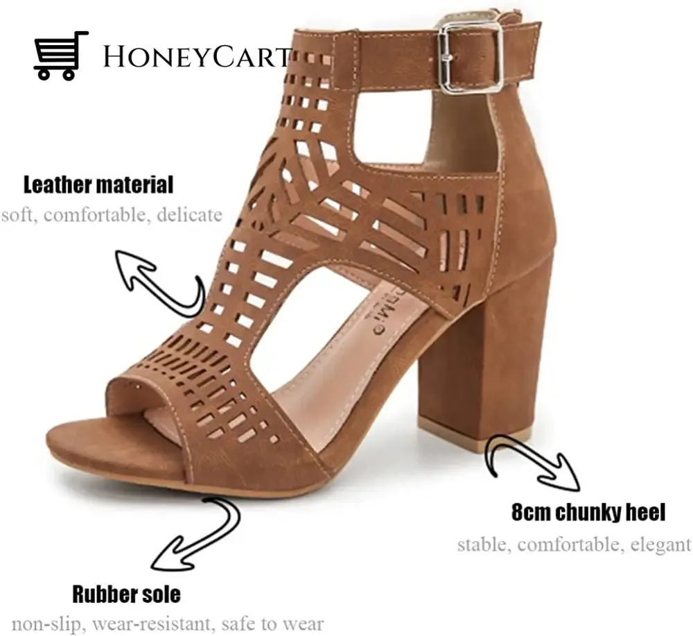 Chunky Heel Sandals for Women Cut Out Peep Toe Zipper Block Heeled Sandals
