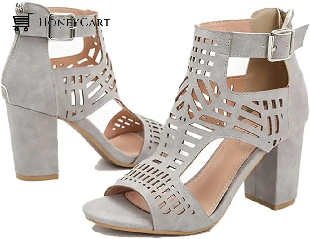 Chunky Heel Sandals for Women Cut Out Peep Toe Zipper Block Heeled Sandals