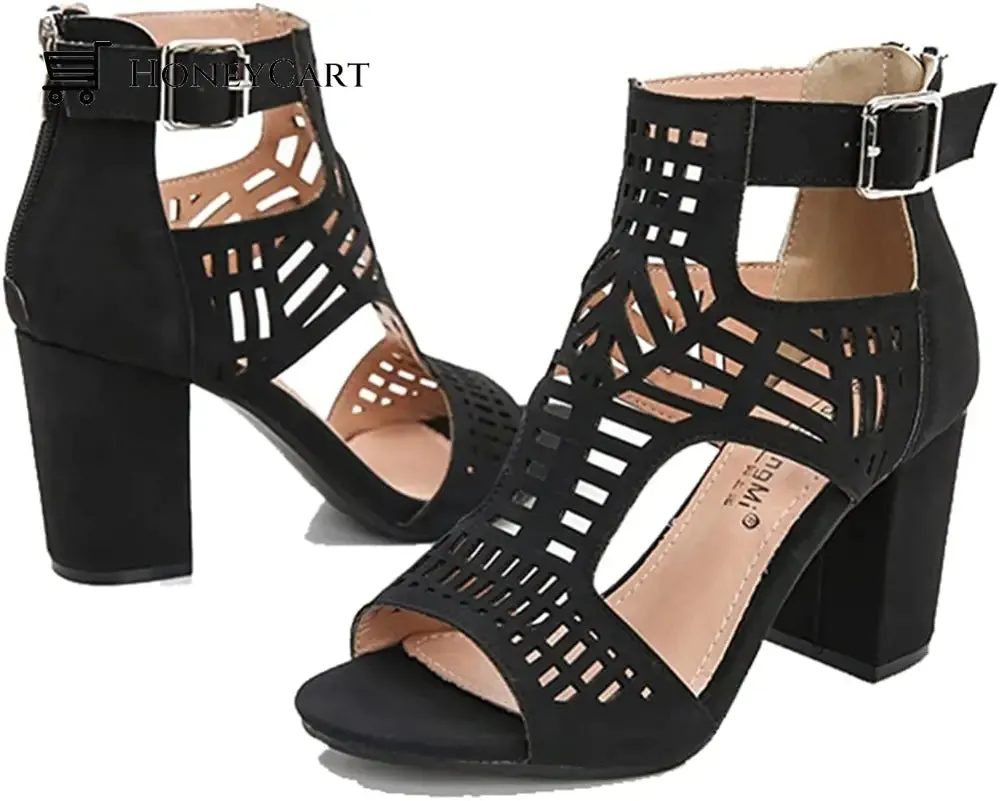 Chunky Heel Sandals for Women Cut Out Peep Toe Zipper Block Heeled Sandals