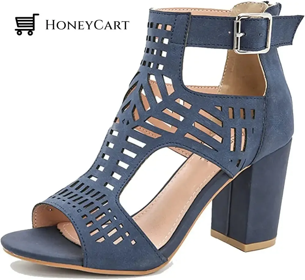 Chunky Heel Sandals for Women Cut Out Peep Toe Zipper Block Heeled Sandals