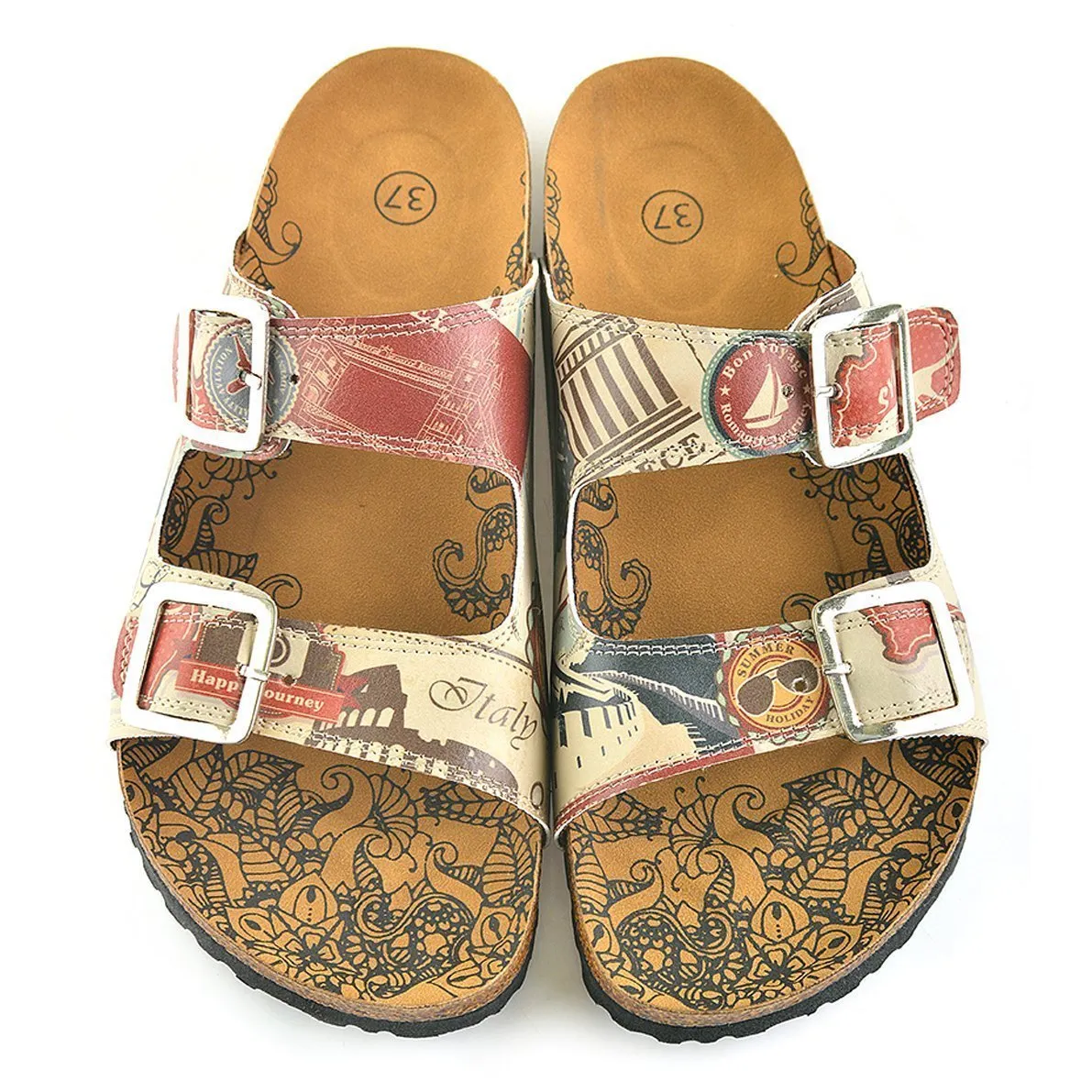 Cream & Red Italy Two-Strap Buckle Sandal CAL202