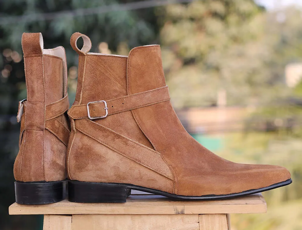 Handmade Tan Jodhpurs Suede Boots For Men's
