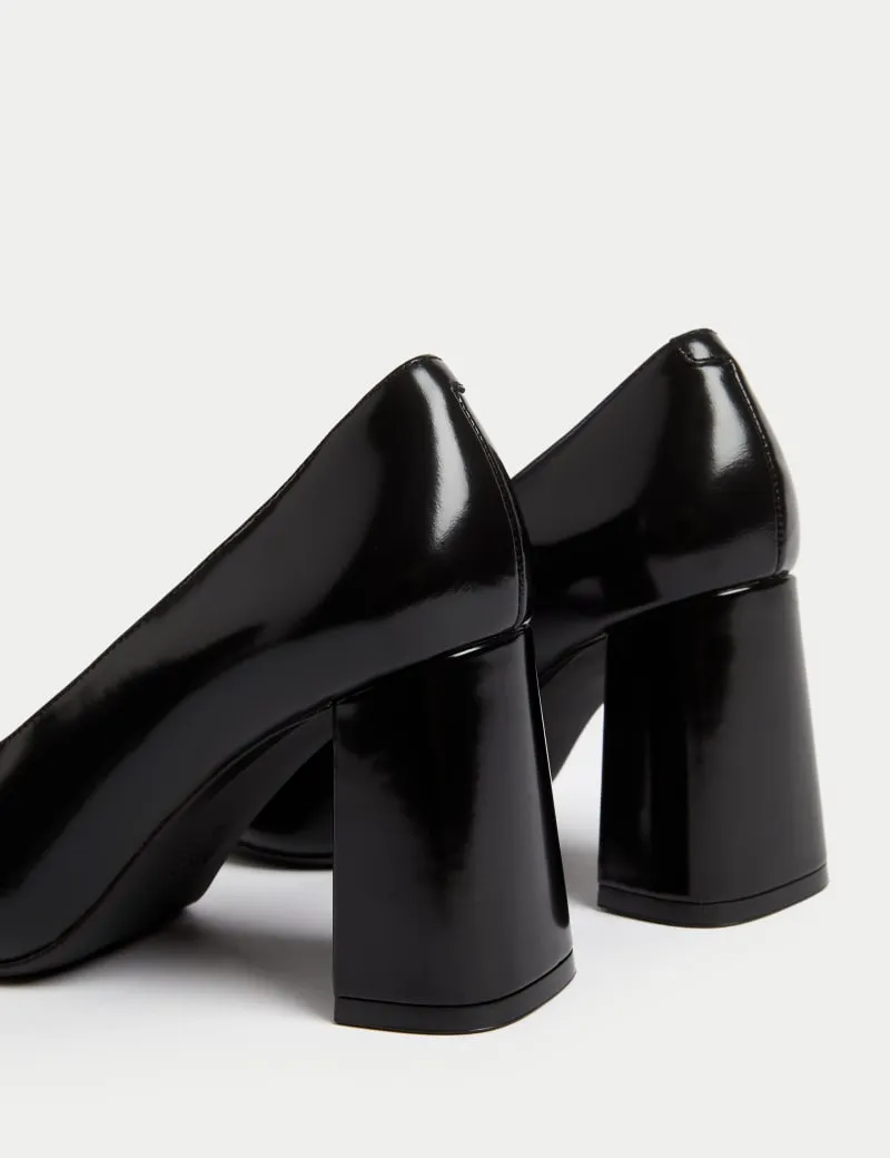 Leather Block Heel Court Shoes