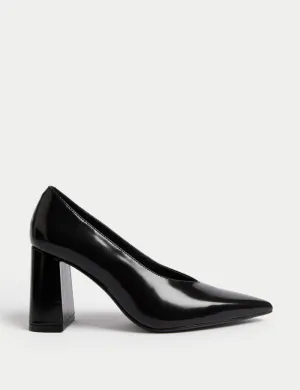 Leather Block Heel Court Shoes