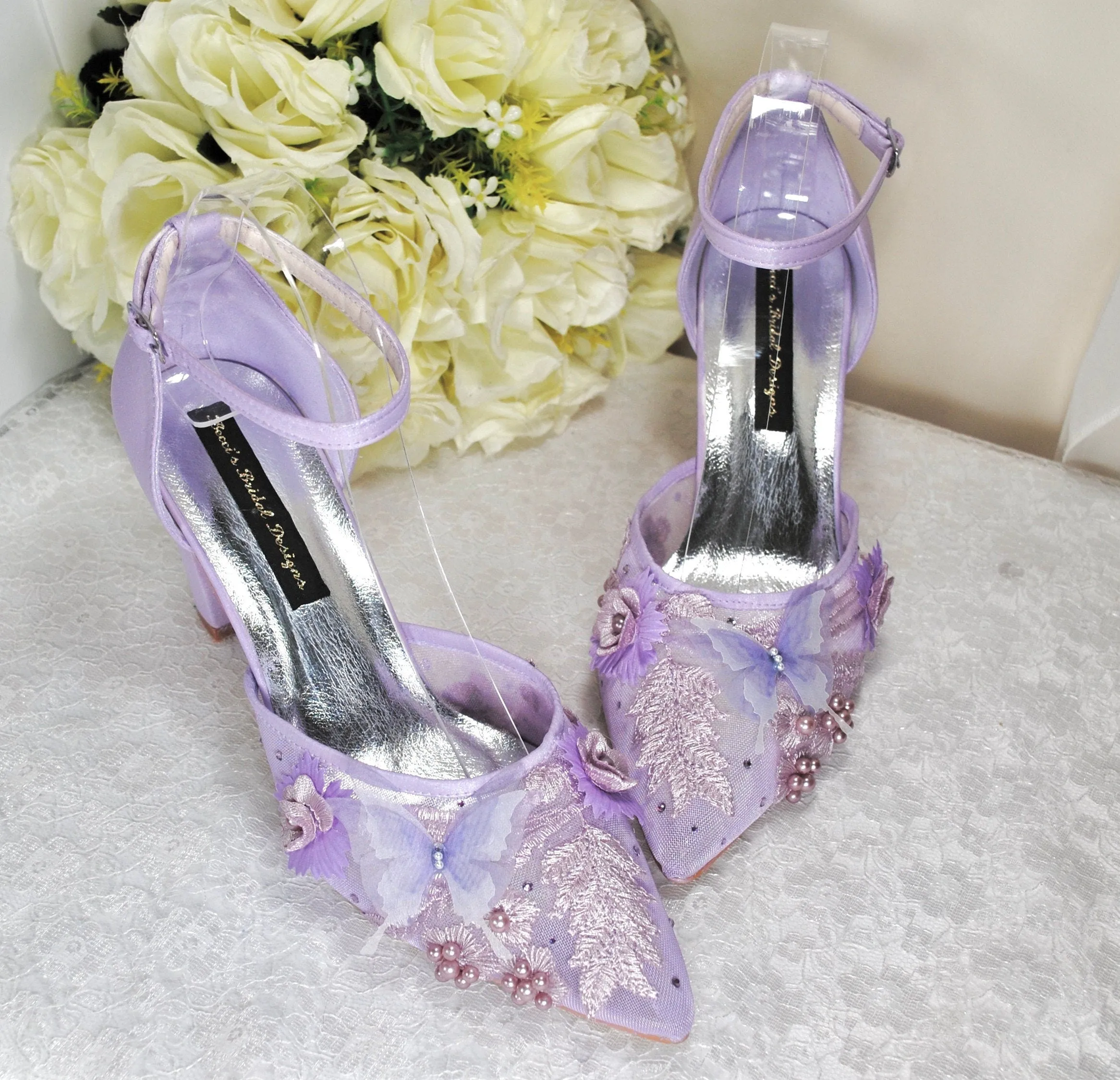 Lilac Butterfly Block Heel Bridal Shoes - Size UK7/US9.5