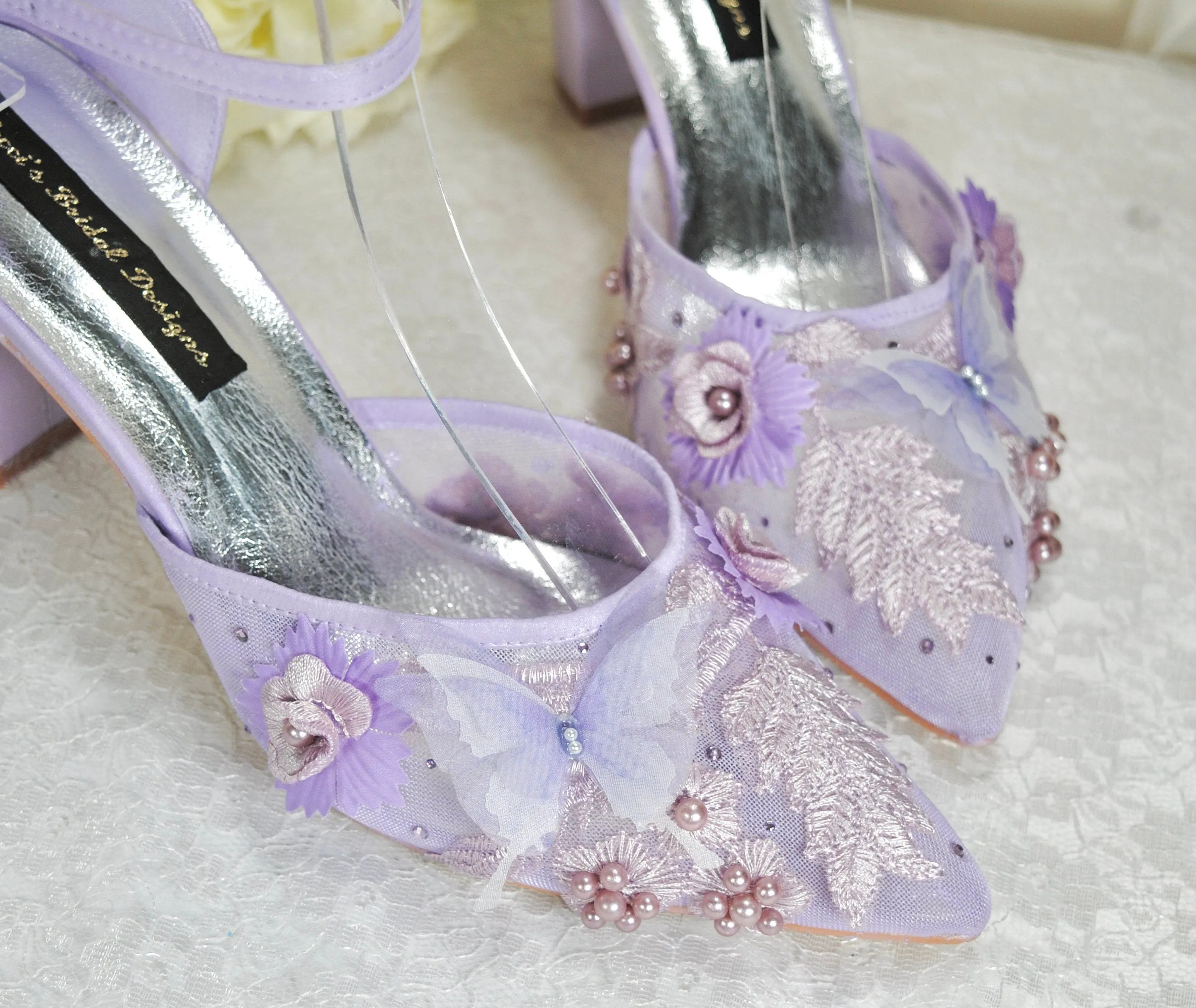 Lilac Butterfly Block Heel Bridal Shoes - Size UK7/US9.5
