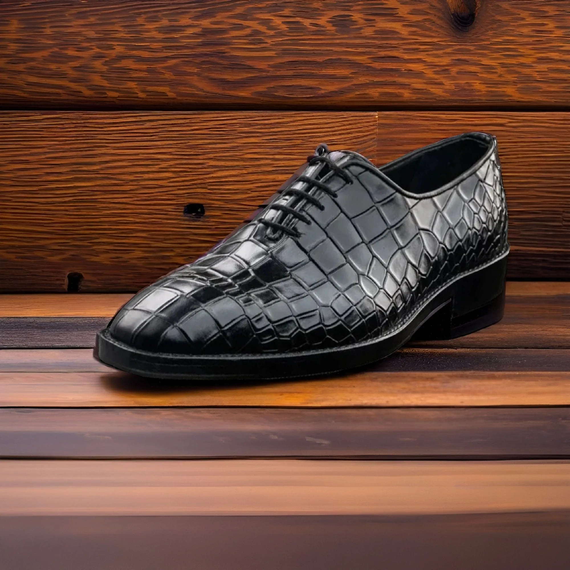 Men's Alligator Skin Texture Black Leather Whole Cut Handmade Lace Up Shoes Men Style