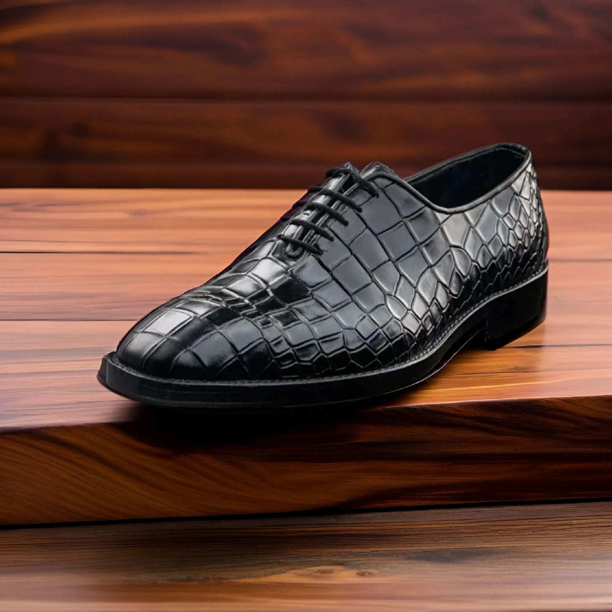 Men's Alligator Skin Texture Black Leather Whole Cut Handmade Lace Up Shoes Men Style
