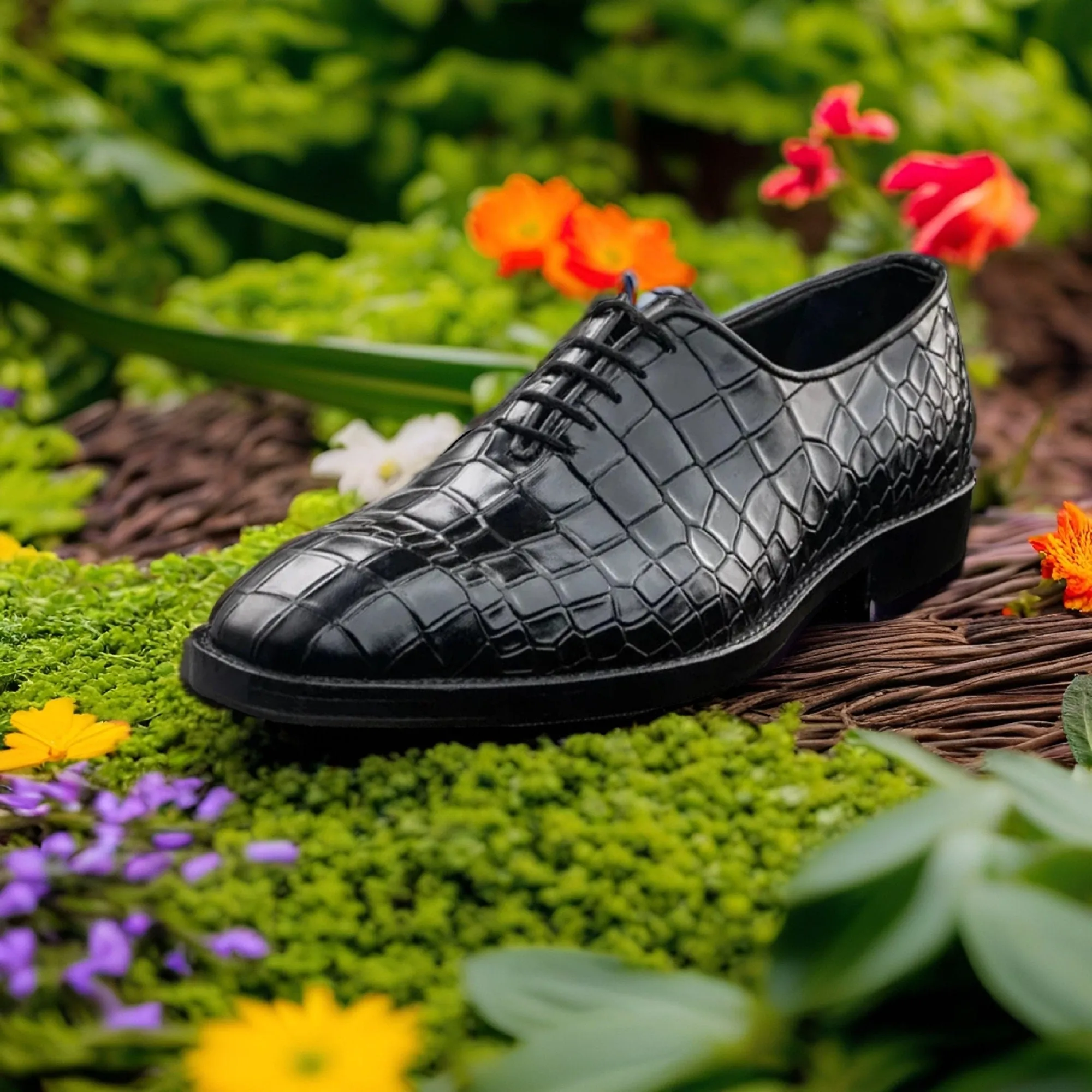 Men's Alligator Skin Texture Black Leather Whole Cut Handmade Lace Up Shoes Men Style