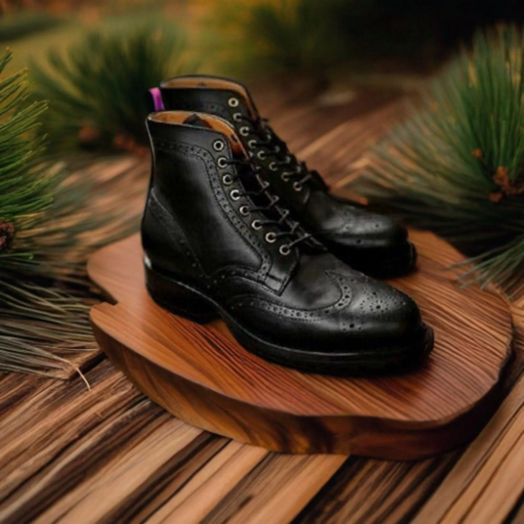 Men's Genuine Black Leather Ankle High Long Brogue Wingtip Boots: White Leather Style Men