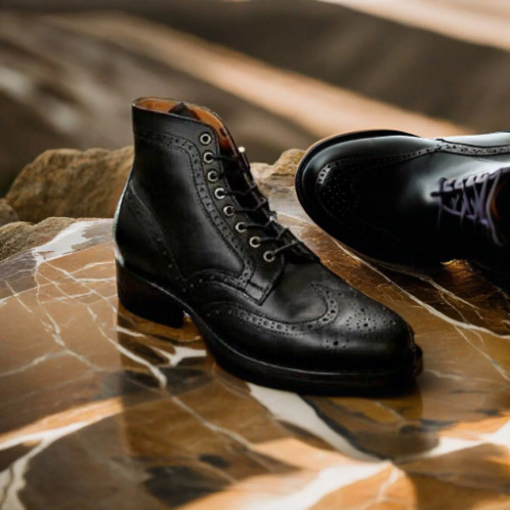 Men's Genuine Black Leather Ankle High Long Brogue Wingtip Boots: White Leather Style Men
