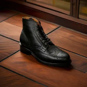 Men's Genuine Black Leather Ankle High Long Brogue Wingtip Boots: White Leather Style Men