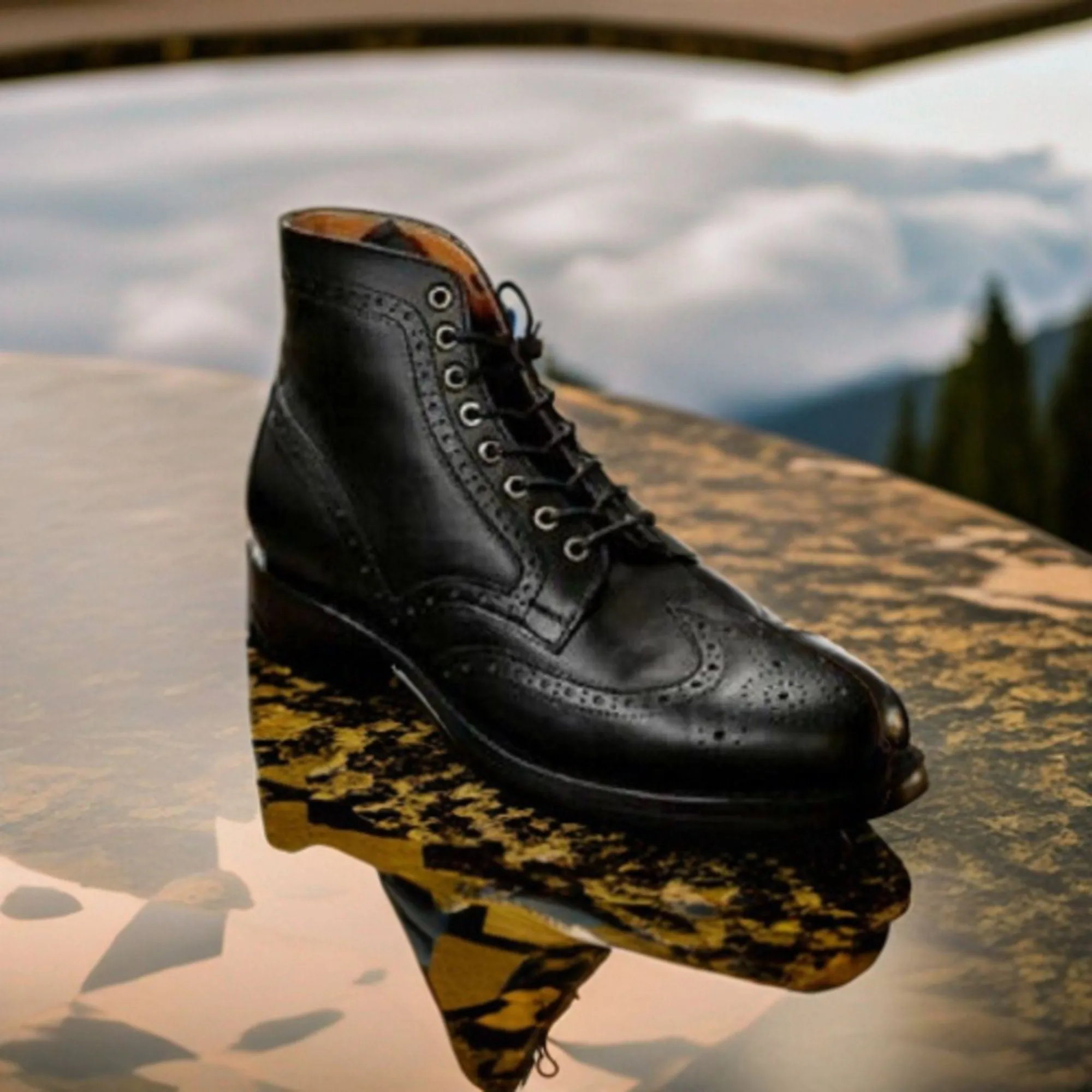 Men's Genuine Black Leather Ankle High Long Brogue Wingtip Boots: White Leather Style Men