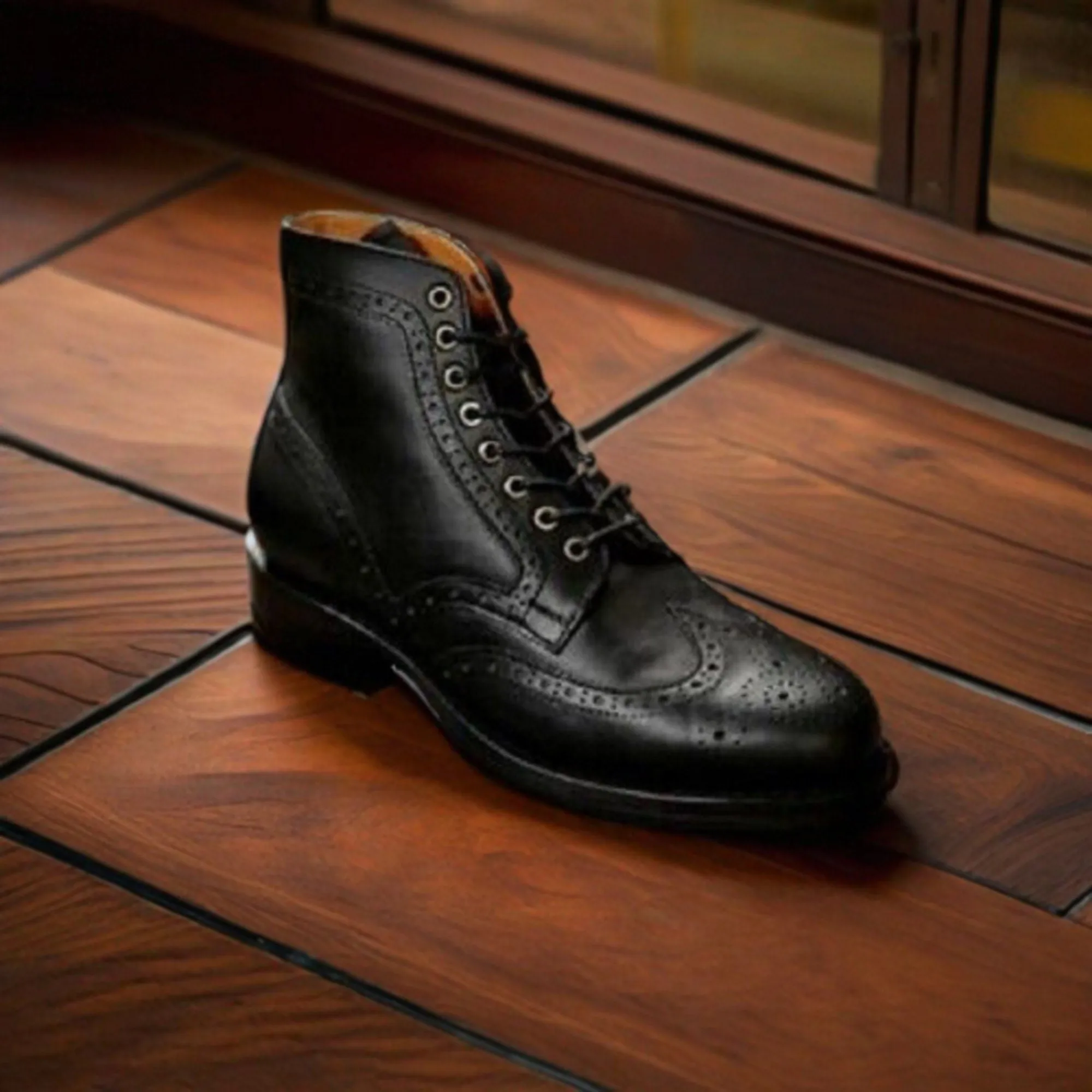 Men's Genuine Black Leather Ankle High Long Brogue Wingtip Boots: White Leather Style Men