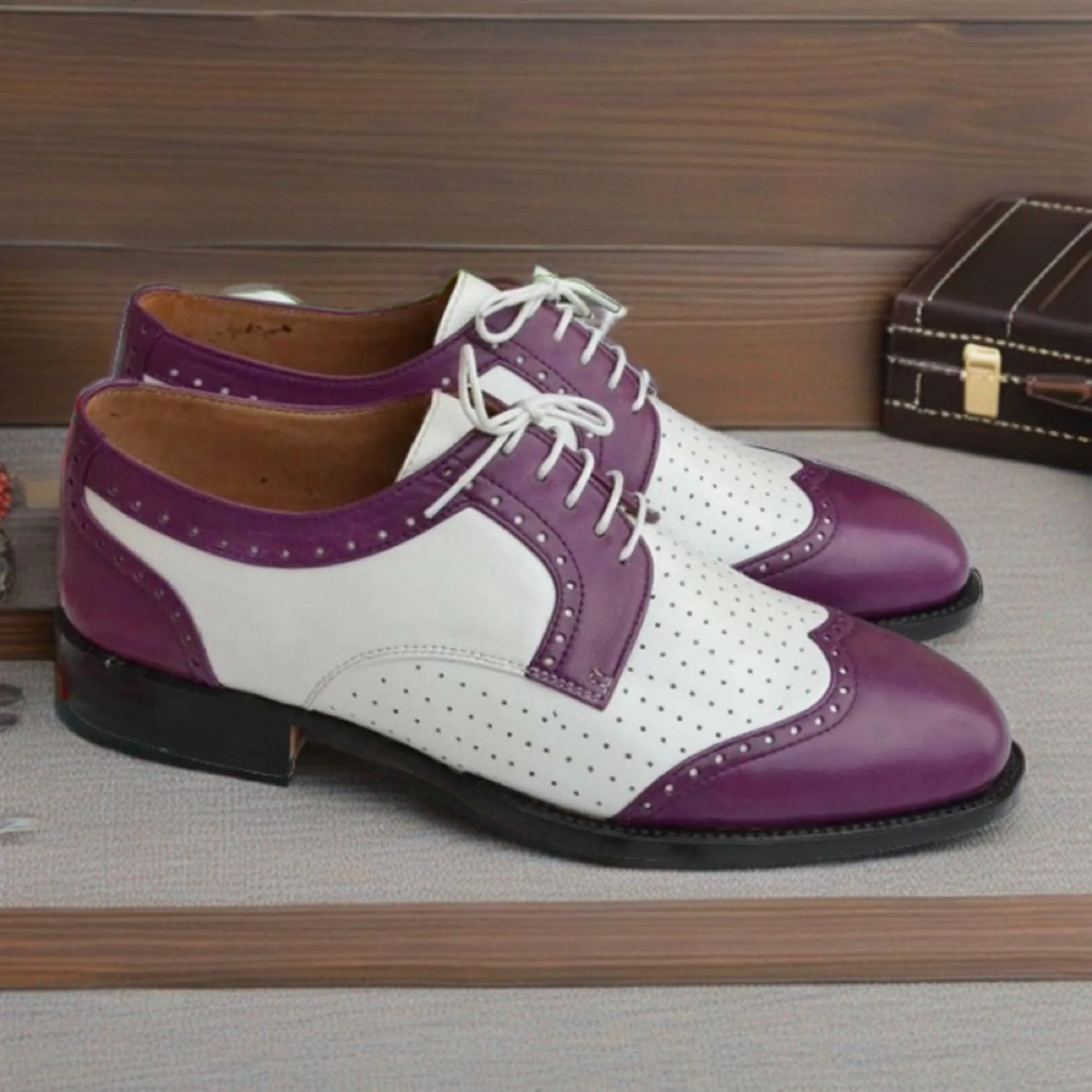 Men's Handmade Classic Purple White Oxford Dress Lace up Shoes For Men Men Style Gift For Men