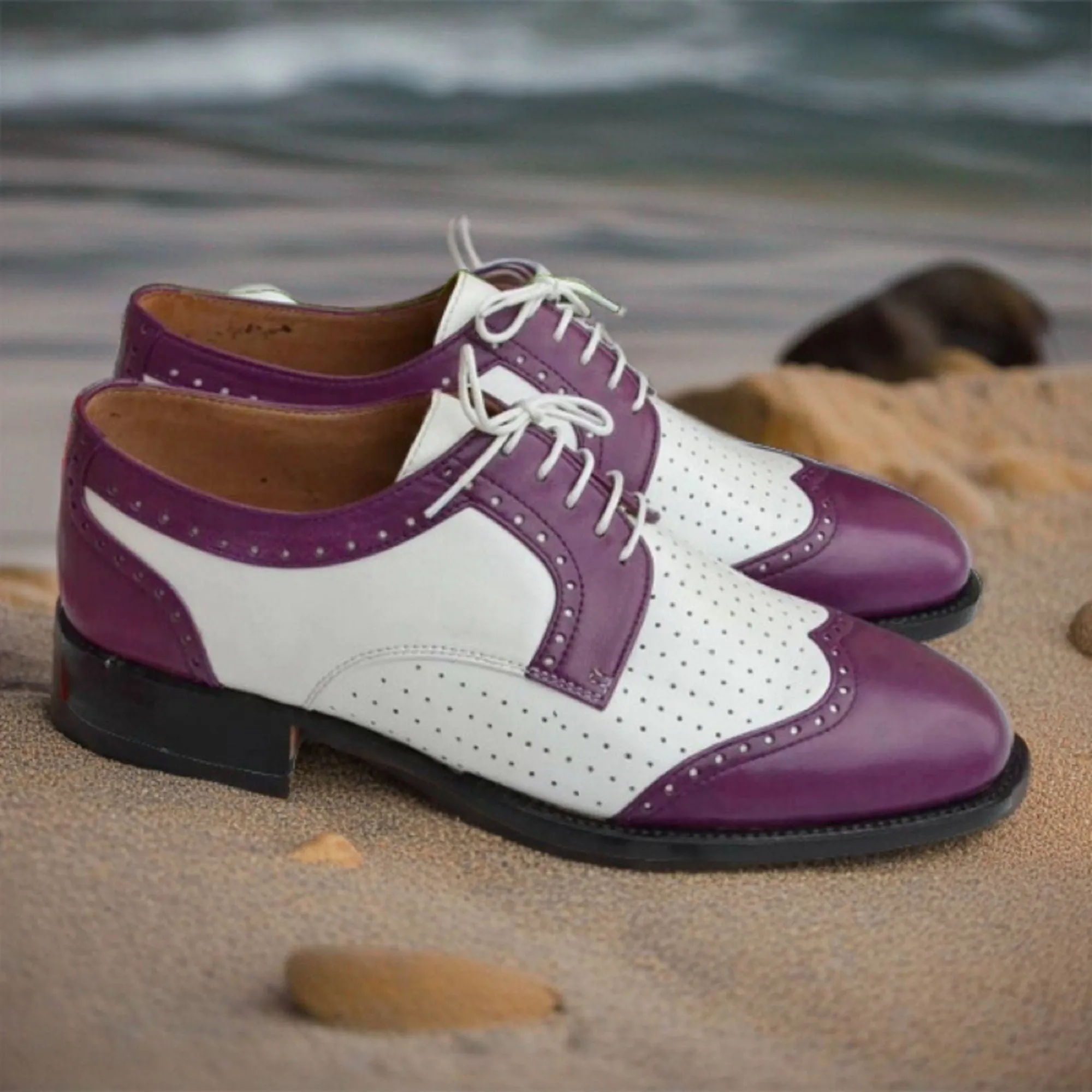 Men's Handmade Classic Purple White Oxford Dress Lace up Shoes For Men Men Style Gift For Men