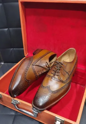 Men's Handmade Formal Shoes Brown Shaded Leather Lace Up Stylish Wing Tip Dress & Formal Wear Shoes