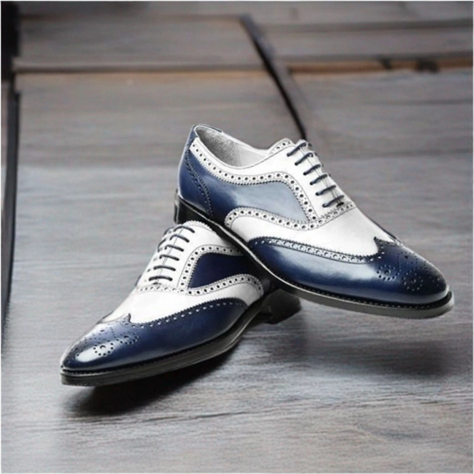 New Handmade Men Navy Blue and White Calf Leather Wingtip Brogue Dress Formal Shoes Men Style Gift For Men
