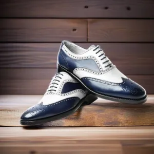 New Handmade Men Navy Blue and White Calf Leather Wingtip Brogue Dress Formal Shoes Men Style Gift For Men