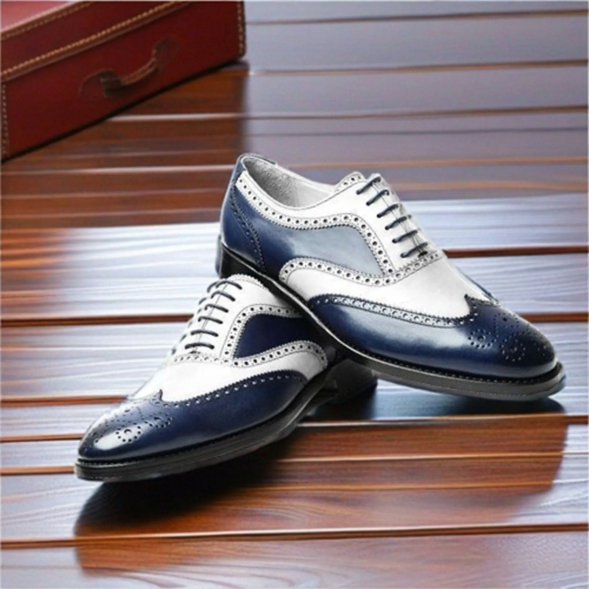 New Handmade Men Navy Blue and White Calf Leather Wingtip Brogue Dress Formal Shoes Men Style Gift For Men