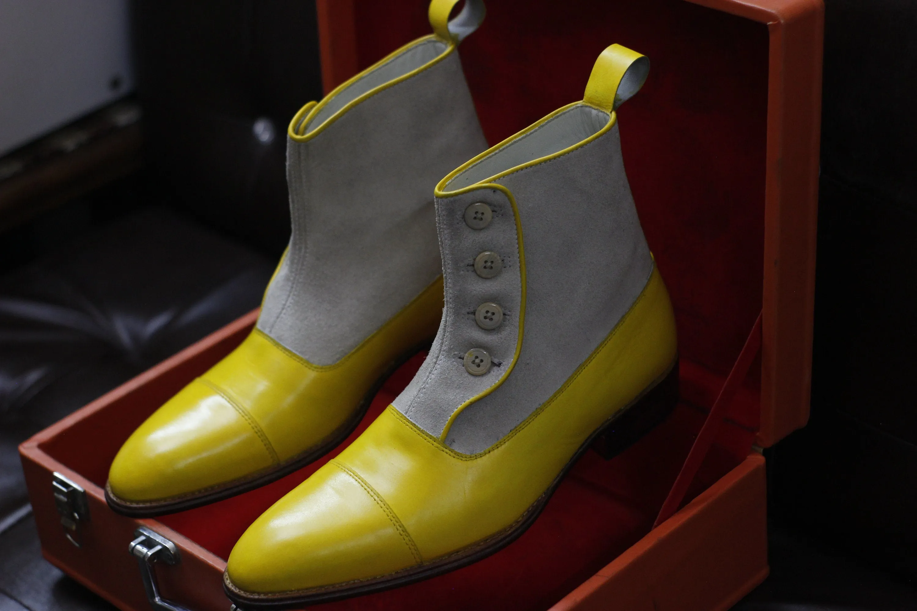 New Men's Handmade Formal Shoes Beige Suede and Yellow Leather Ankle High Cap Toe Style Button Boots