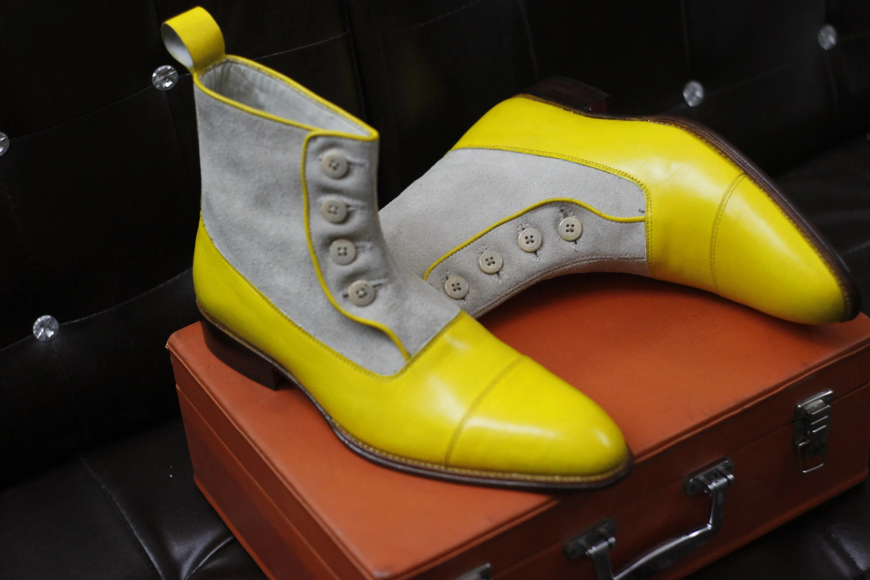 New Men's Handmade Formal Shoes Beige Suede and Yellow Leather Ankle High Cap Toe Style Button Boots