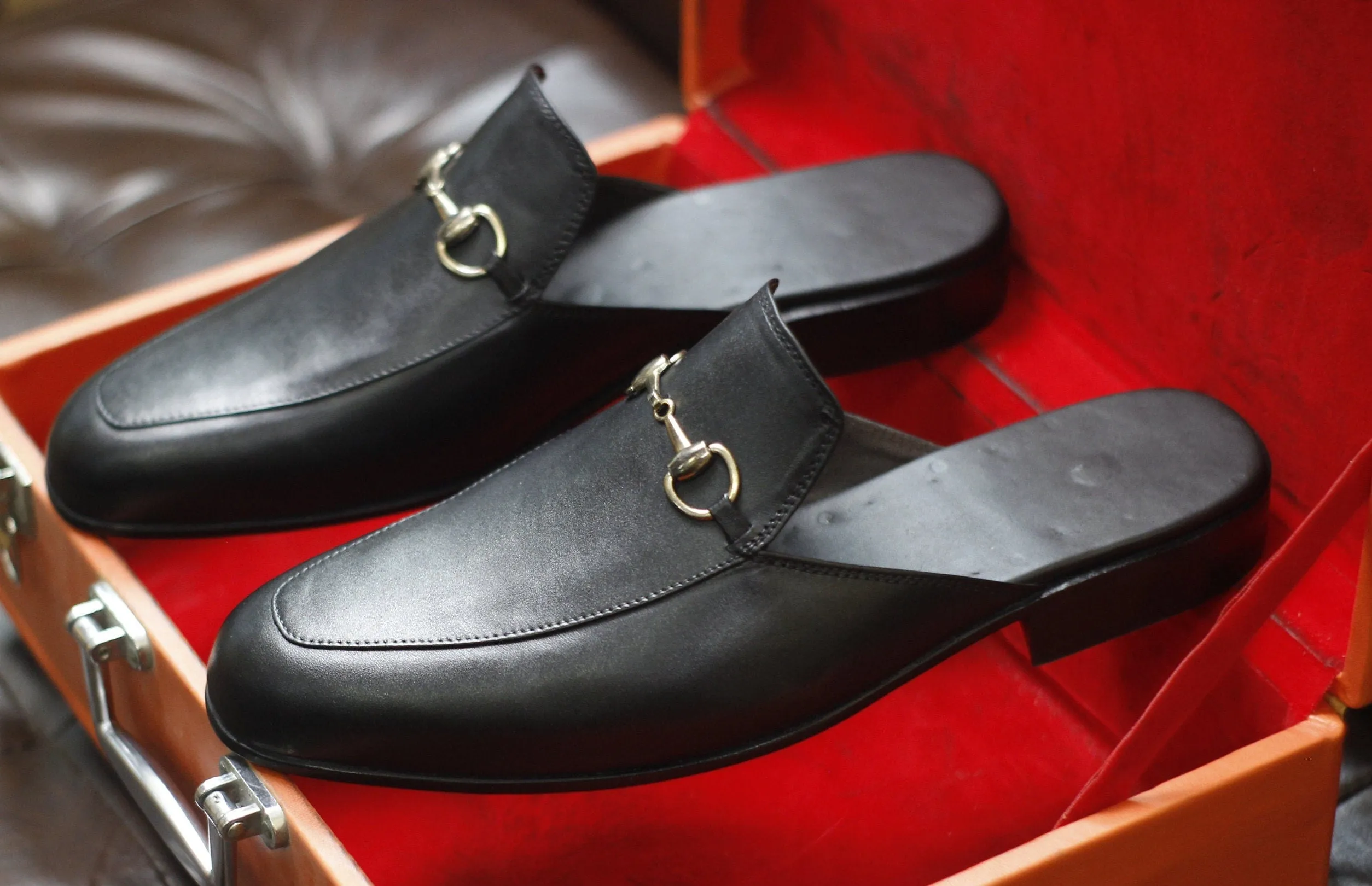 New Men's Handmade Formal Shoes Black Leather Slip On Stylish Mules